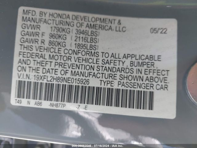 Photo 8 VIN: 19XFL2H89NE015926 - HONDA CIVIC 