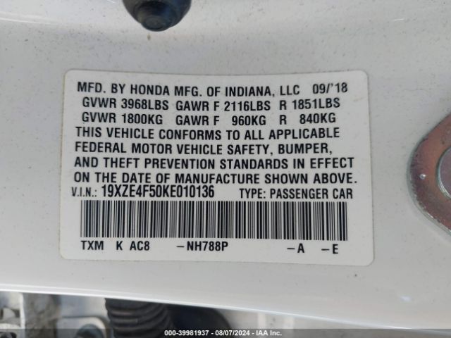 Photo 8 VIN: 19XZE4F50KE010136 - HONDA INSIGHT 