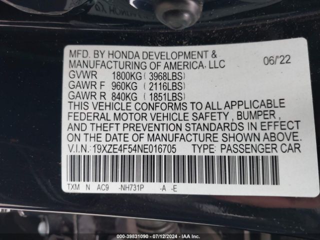 Photo 8 VIN: 19XZE4F54NE016705 - HONDA INSIGHT 