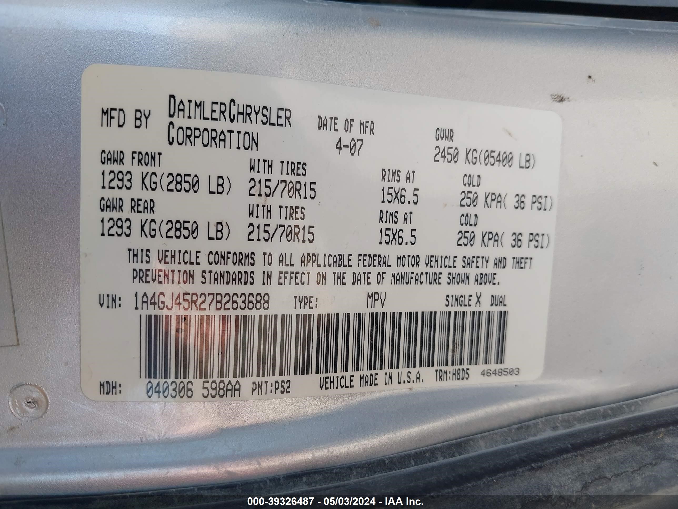 Photo 8 VIN: 1A4GJ45R27B263688 - CHRYSLER TOWN & COUNTRY 