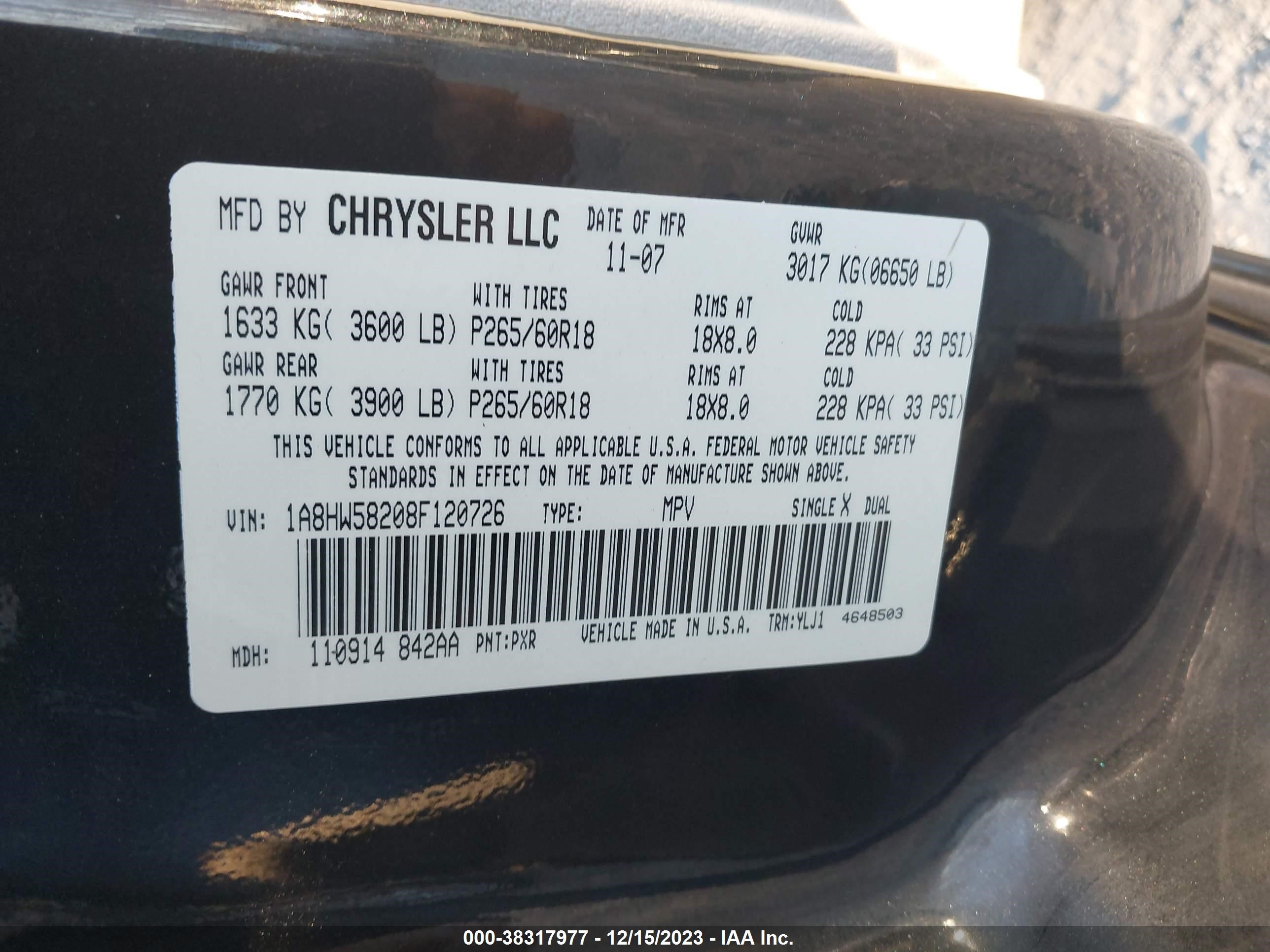 Photo 8 VIN: 1A8HW58208F120726 - CHRYSLER ASPEN 