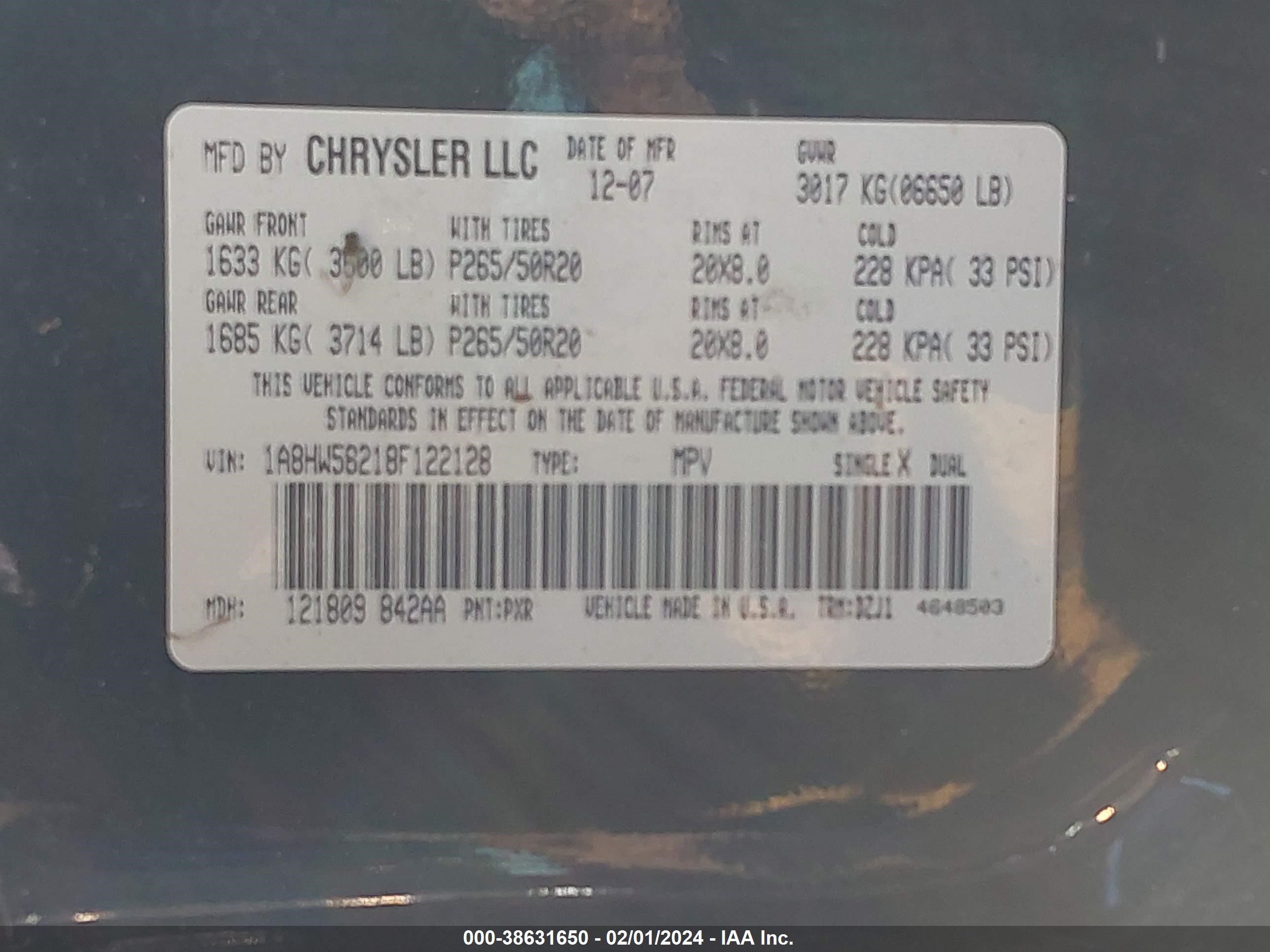 Photo 8 VIN: 1A8HW58218F122128 - CHRYSLER ASPEN 