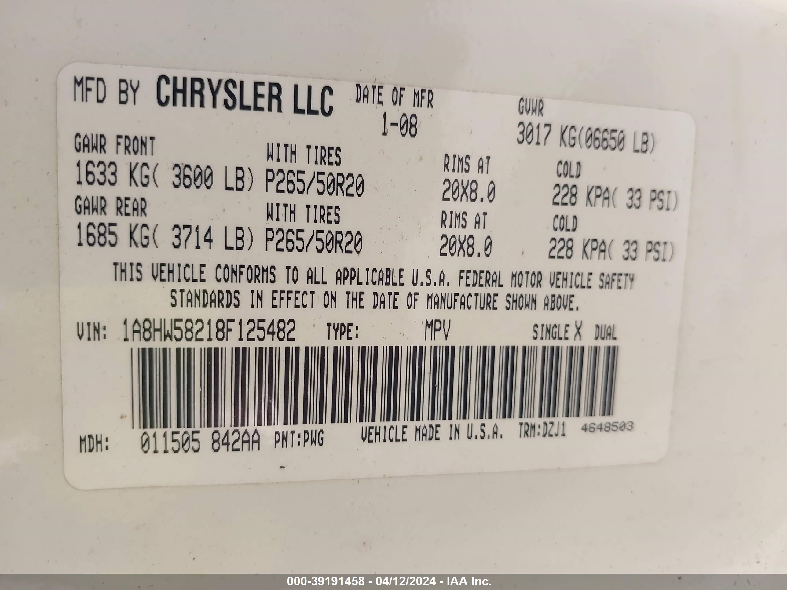 Photo 8 VIN: 1A8HW58218F125482 - CHRYSLER ASPEN 