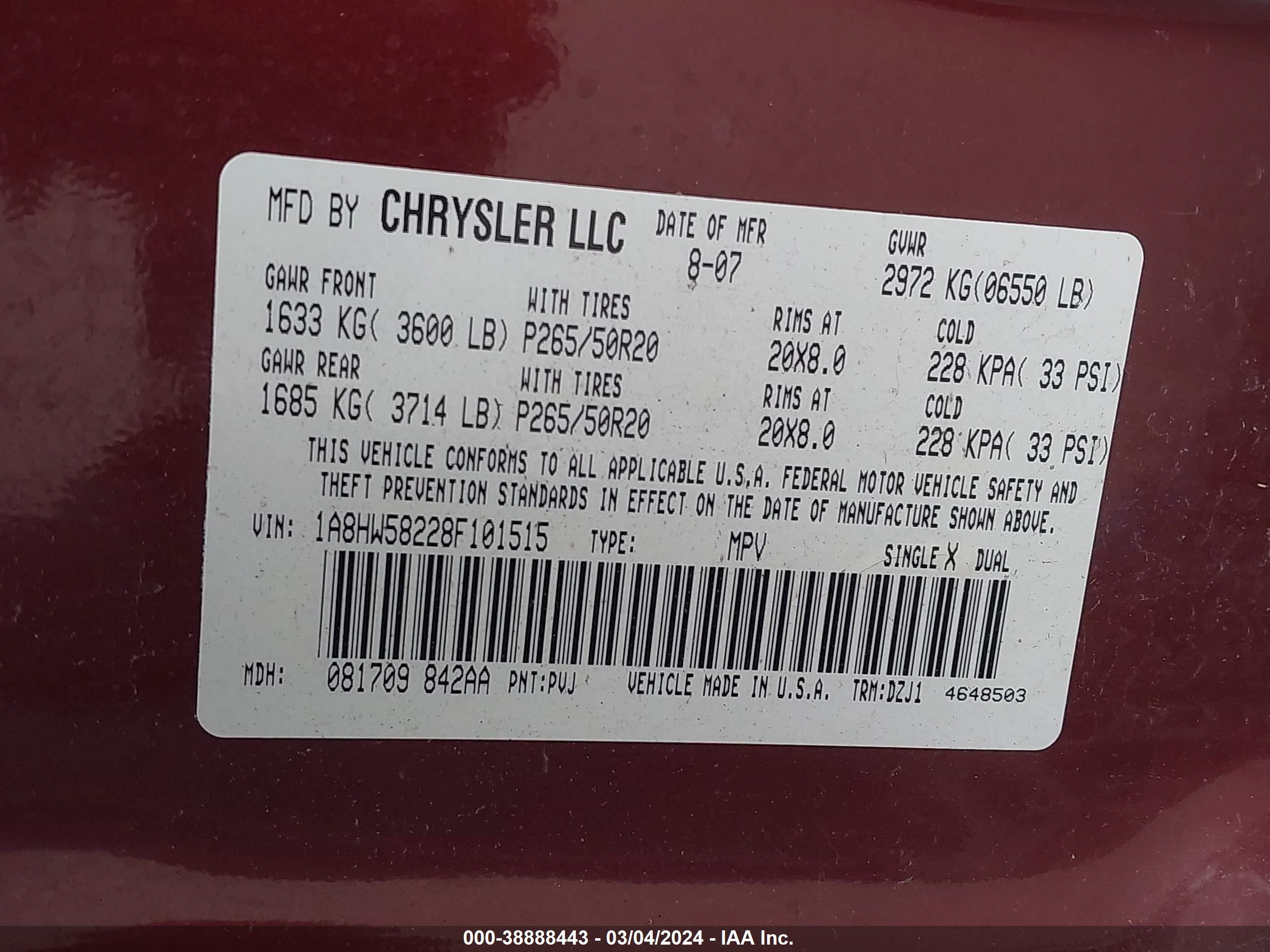 Photo 8 VIN: 1A8HW58228F101515 - CHRYSLER ASPEN 