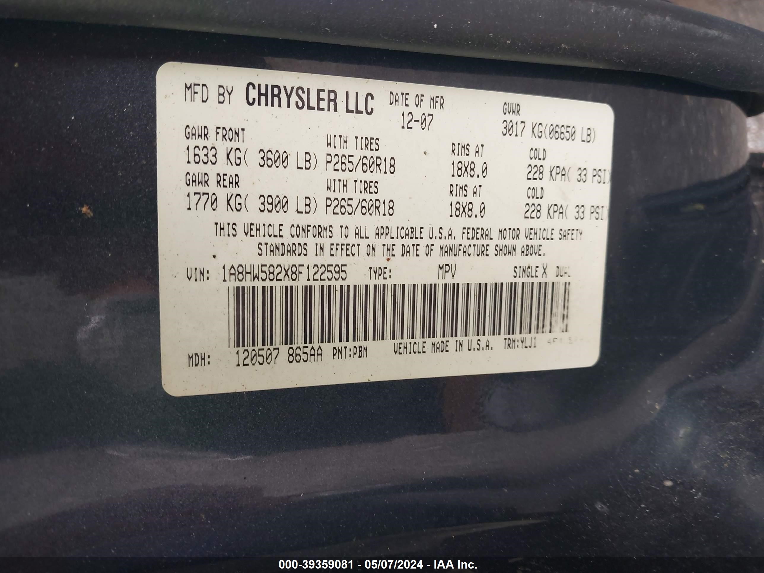 Photo 8 VIN: 1A8HW582X8F122595 - CHRYSLER ASPEN 