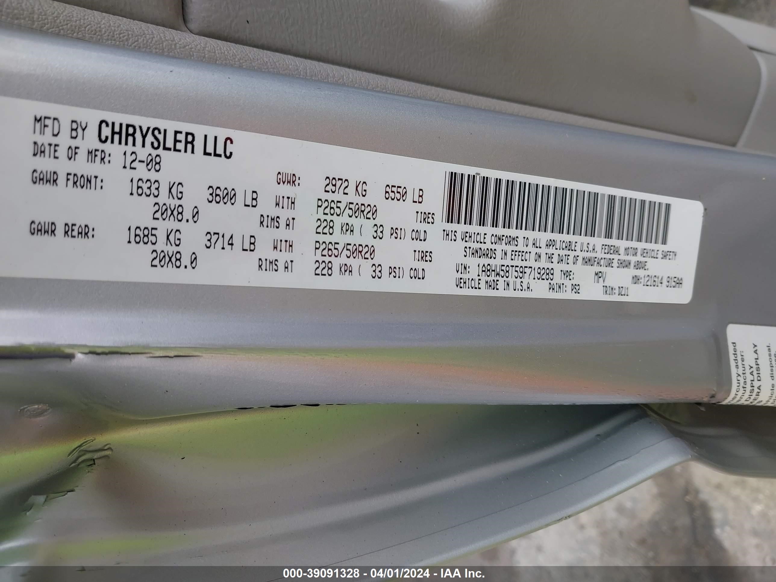 Photo 8 VIN: 1A8HW58T59F719289 - CHRYSLER ASPEN 