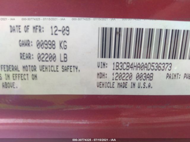 Photo 8 VIN: 1B3CB4HA0AD536373 - DODGE CALIBER 