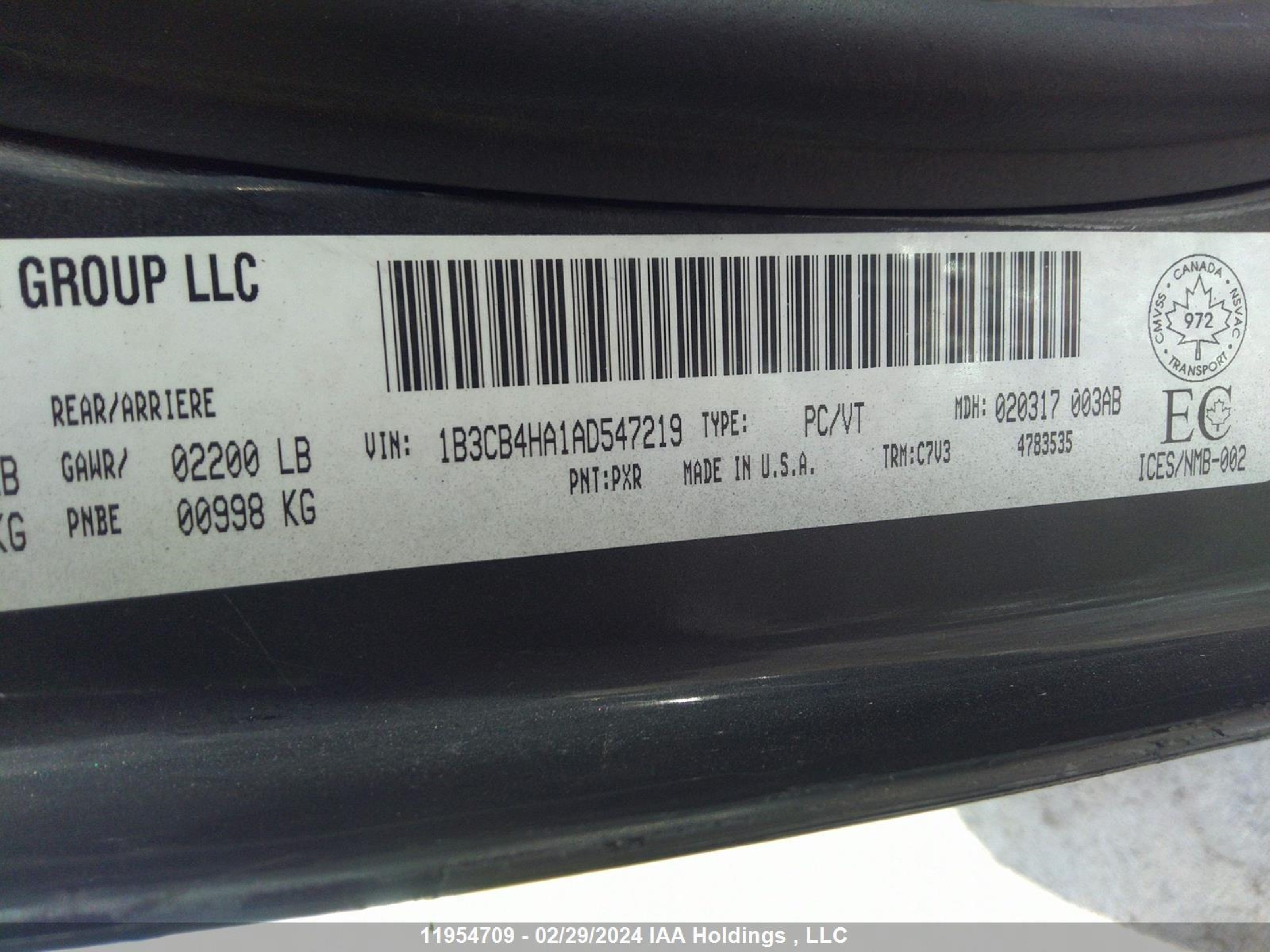 Photo 8 VIN: 1B3CB4HA1AD547219 - DODGE CALIBER 