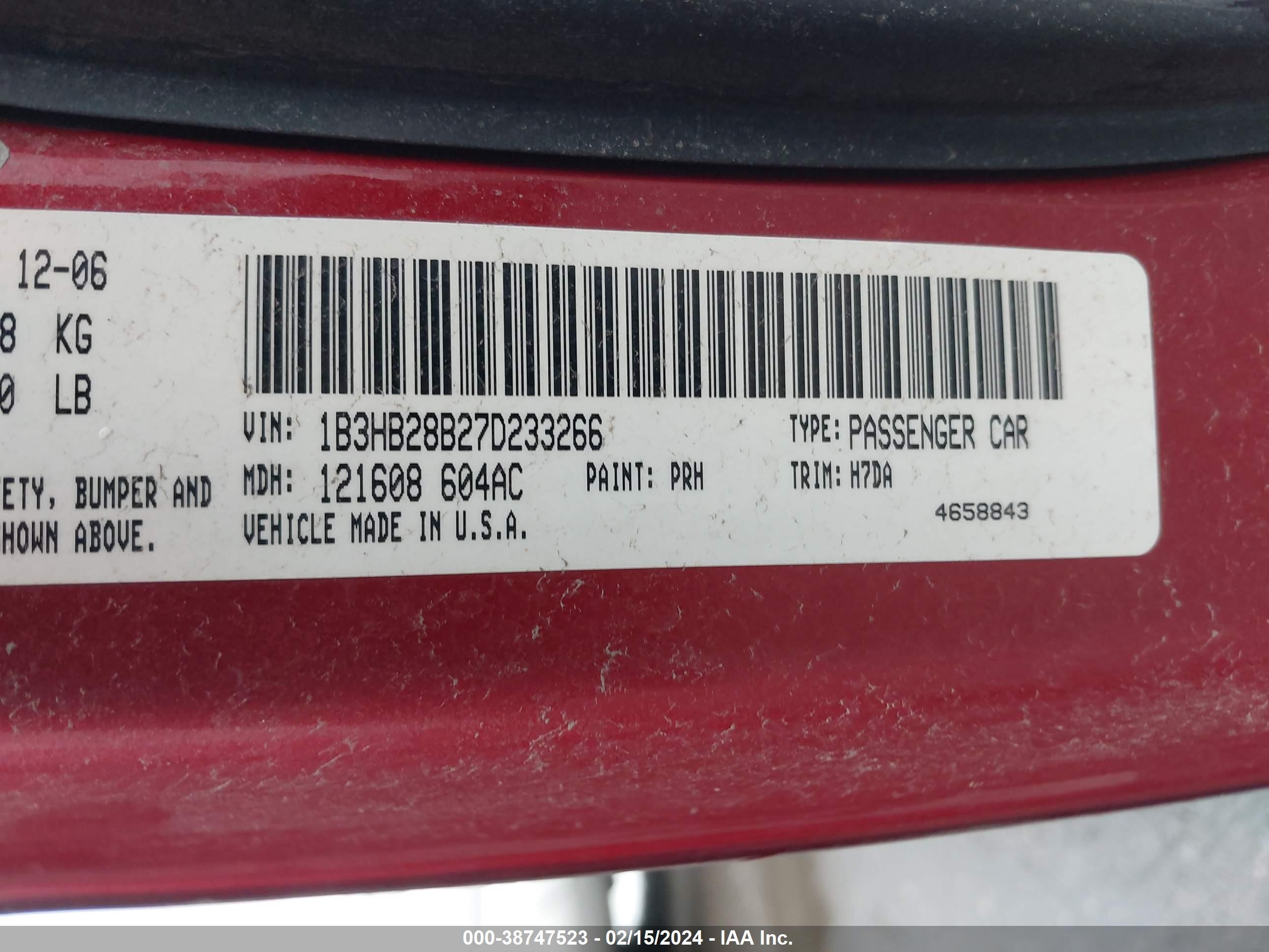 Photo 8 VIN: 1B3HB28B27D233266 - DODGE CALIBER 