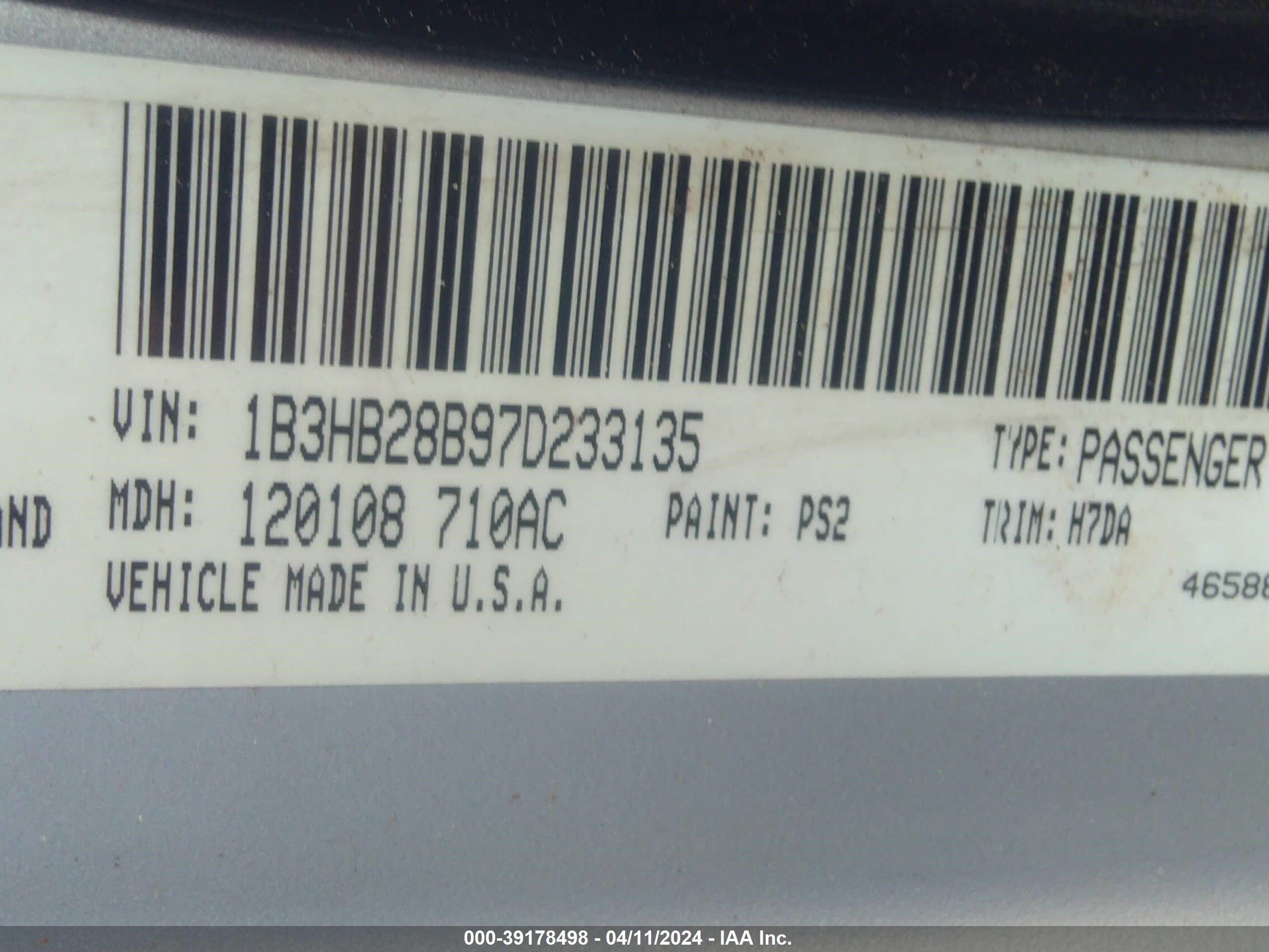 Photo 8 VIN: 1B3HB28B97D233135 - DODGE CALIBER 