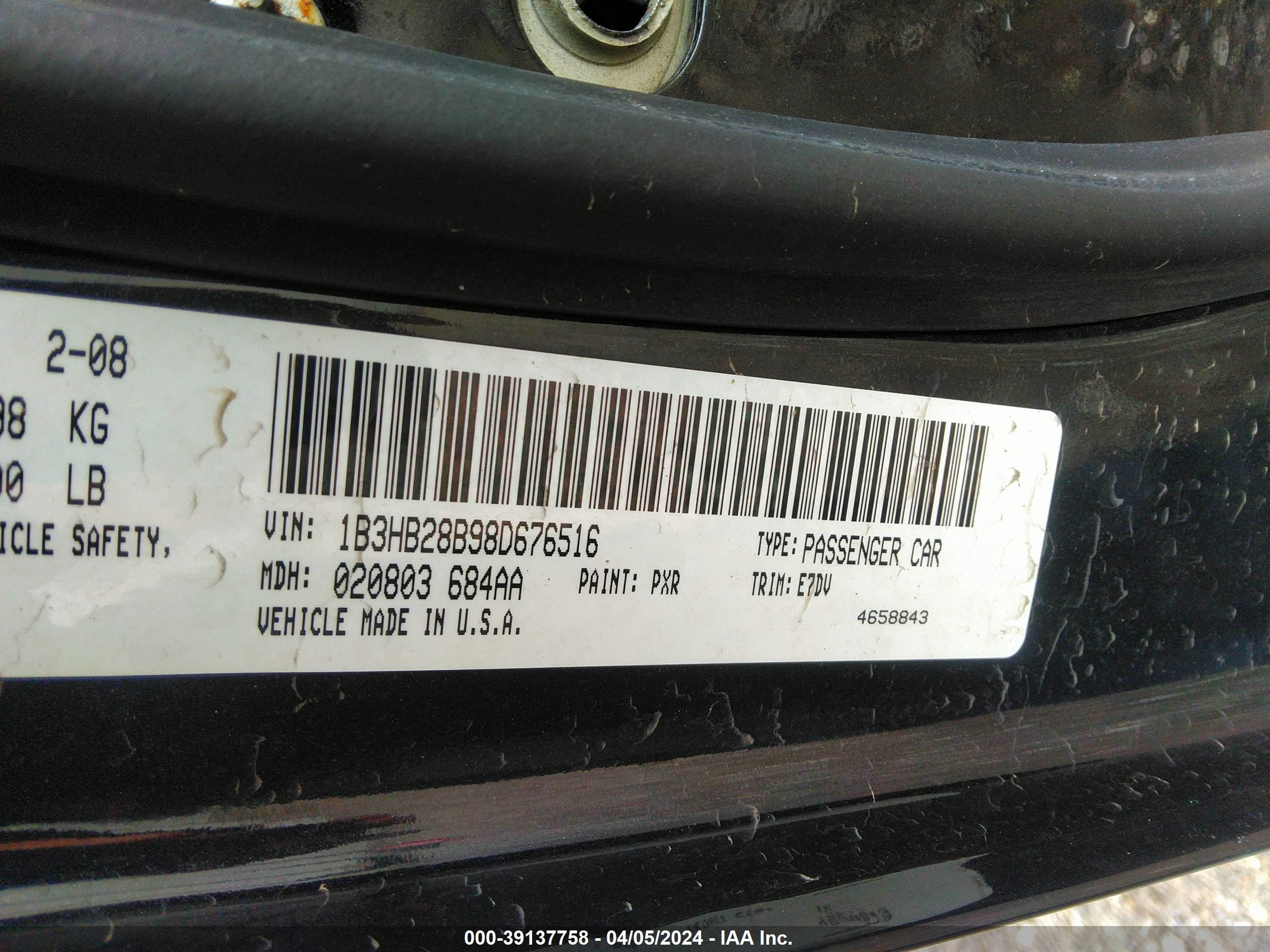 Photo 8 VIN: 1B3HB28B98D676516 - DODGE CALIBER 