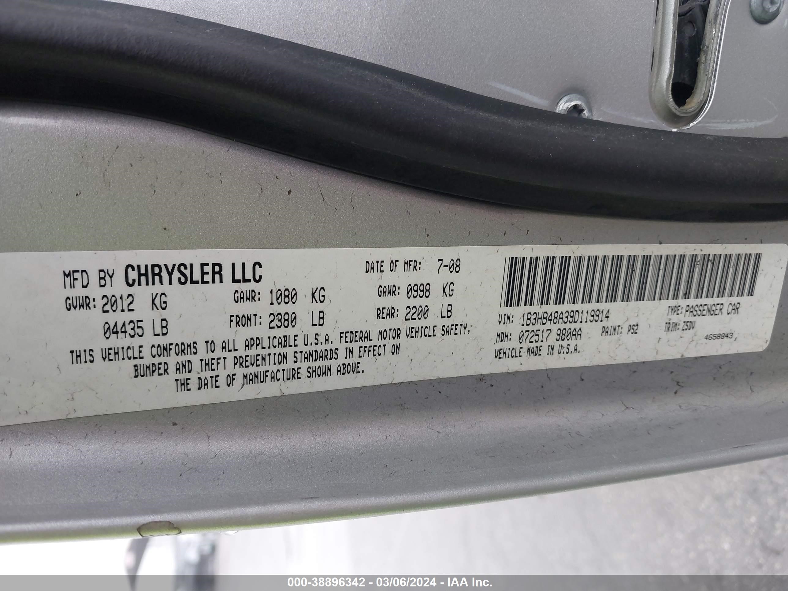 Photo 8 VIN: 1B3HB48A39D119914 - DODGE CALIBER 