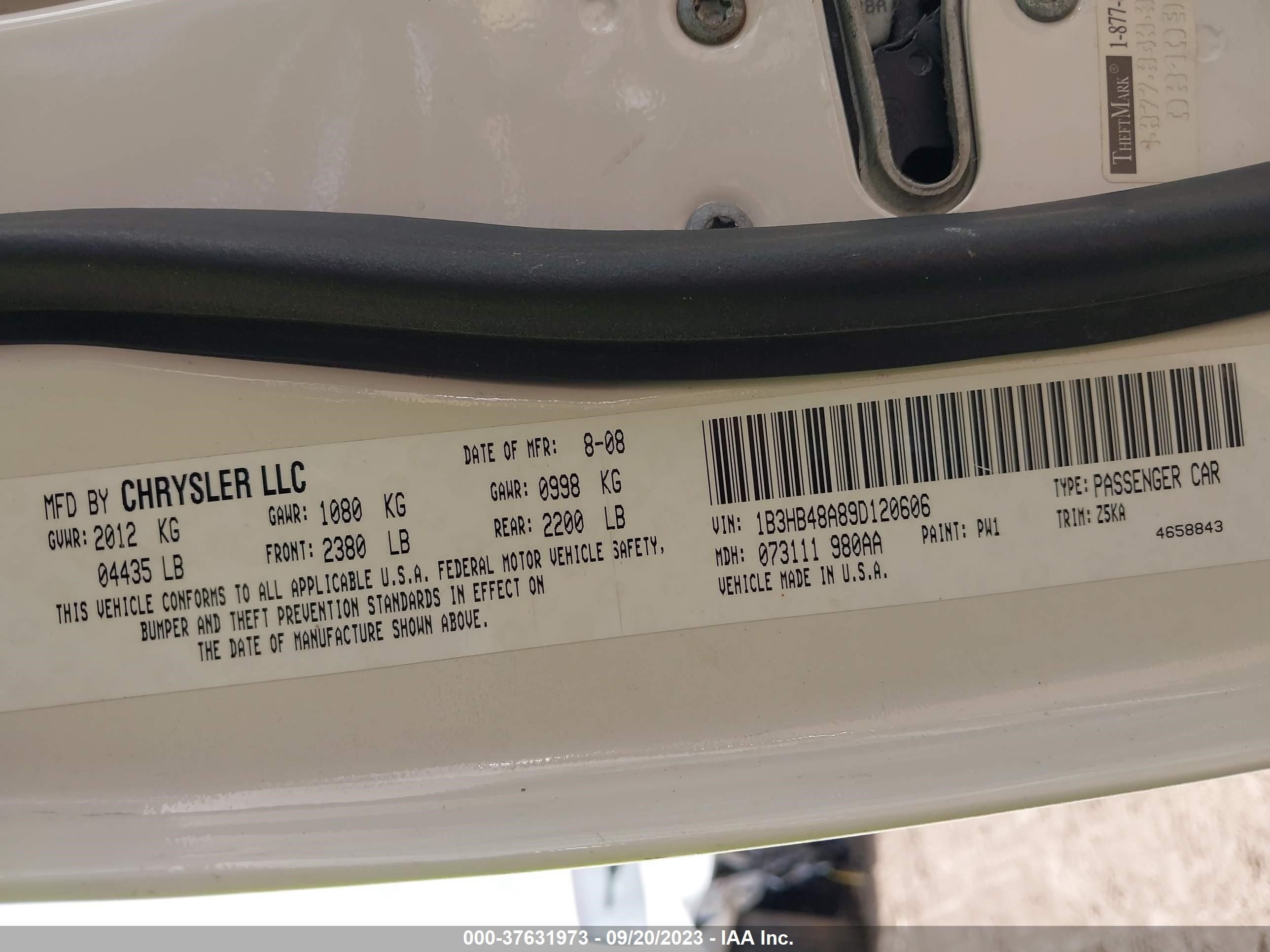 Photo 8 VIN: 1B3HB48A89D120606 - DODGE CALIBER 