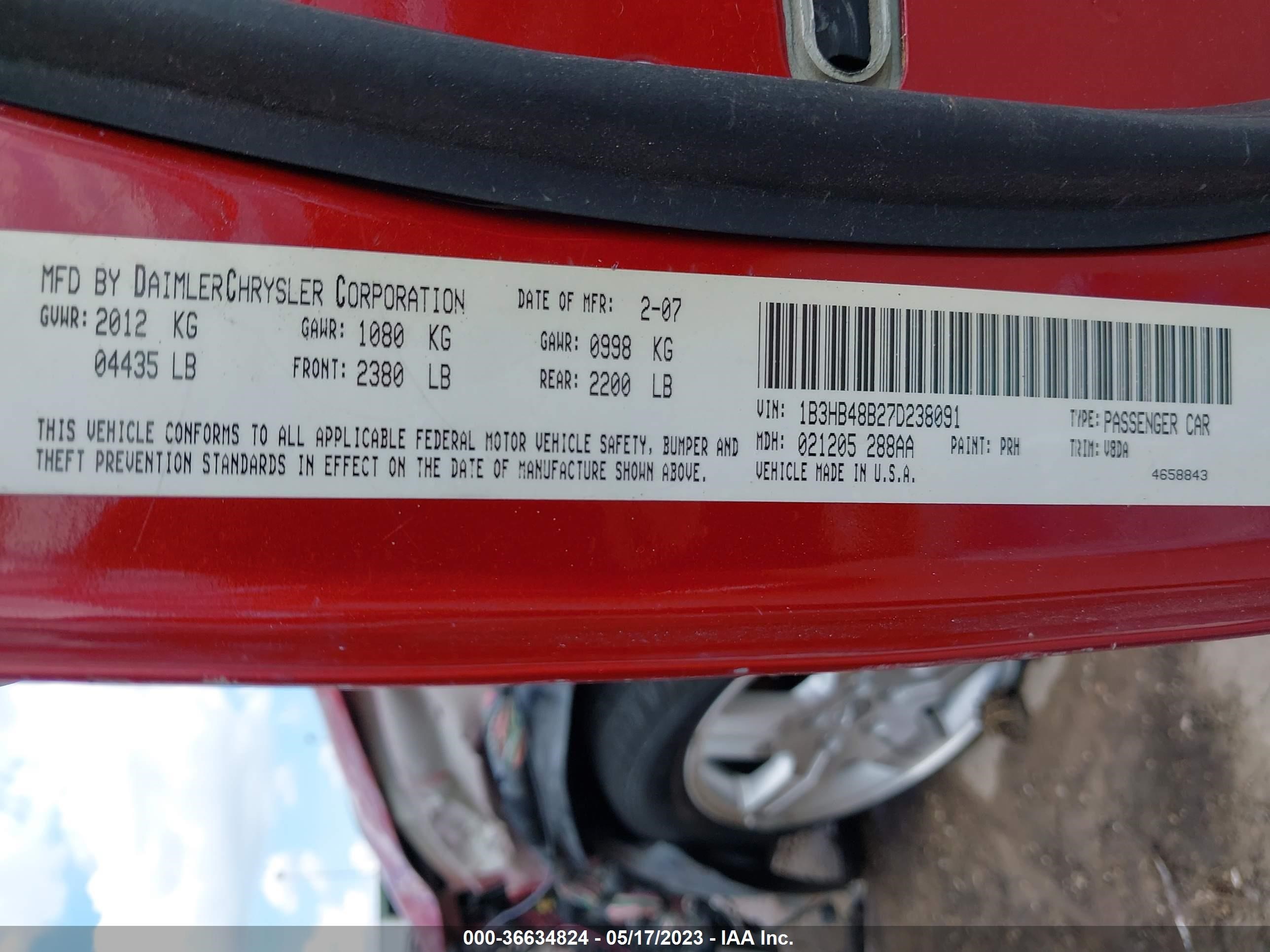 Photo 8 VIN: 1B3HB48B27D238091 - DODGE CALIBER 