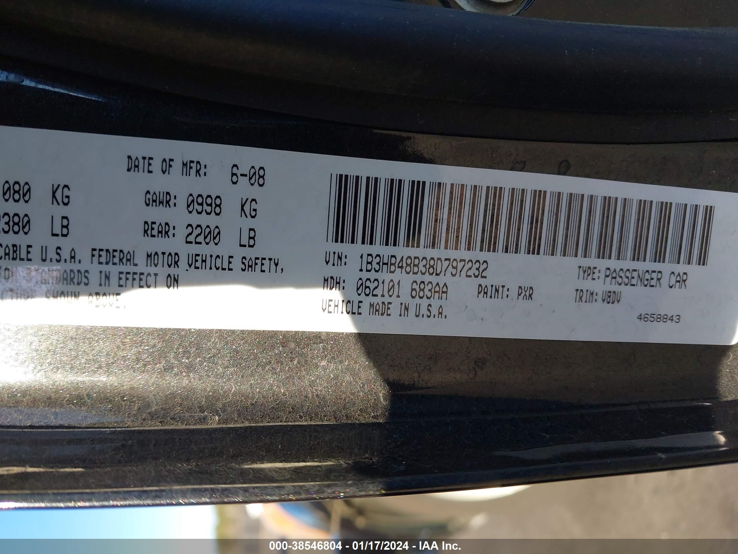 Photo 8 VIN: 1B3HB48B38D797232 - DODGE CALIBER 