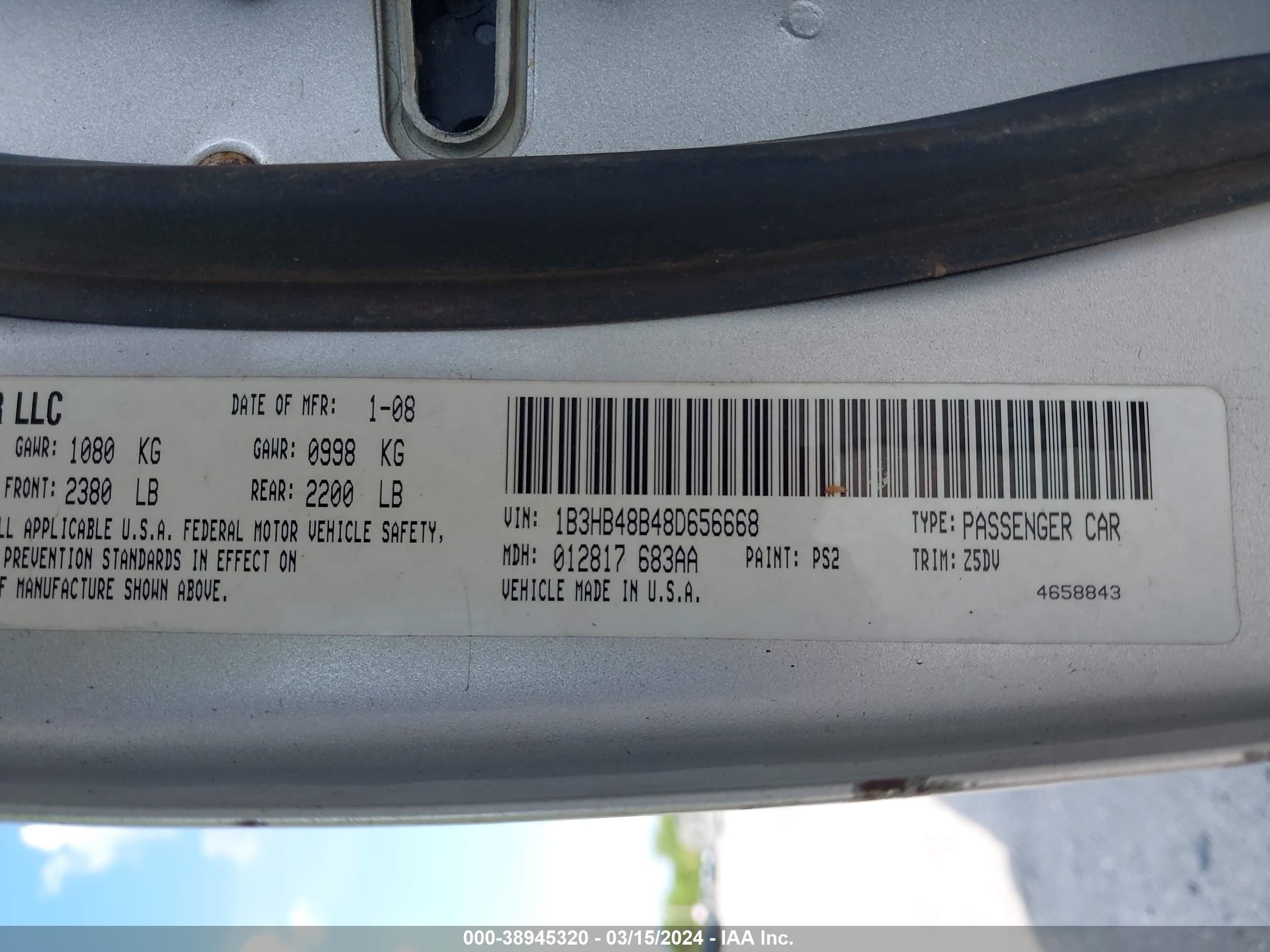 Photo 8 VIN: 1B3HB48B48D656668 - DODGE CALIBER 