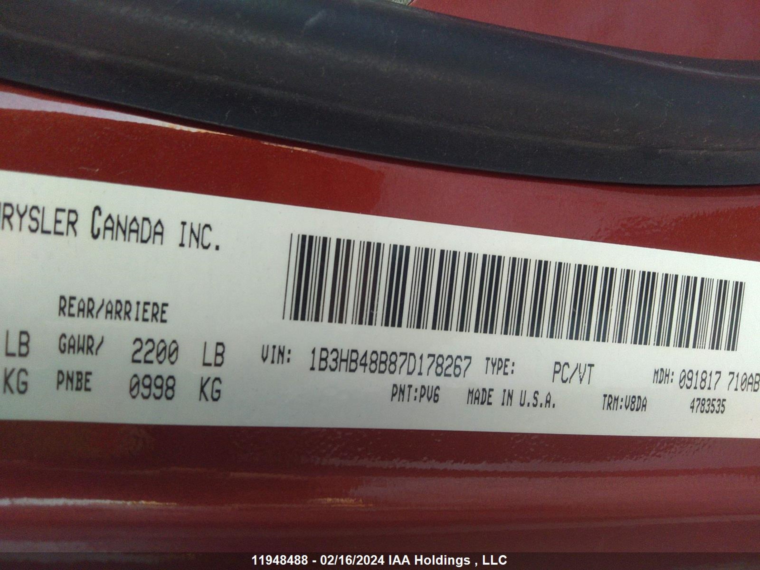 Photo 8 VIN: 1B3HB48B87D178267 - DODGE CALIBER 