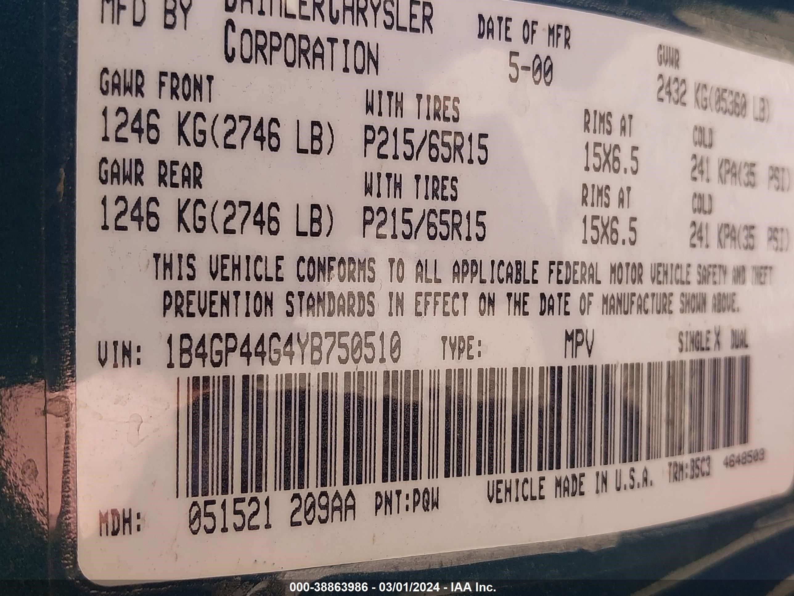 Photo 8 VIN: 1B4GP44G4YB750510 - DODGE CARAVAN 