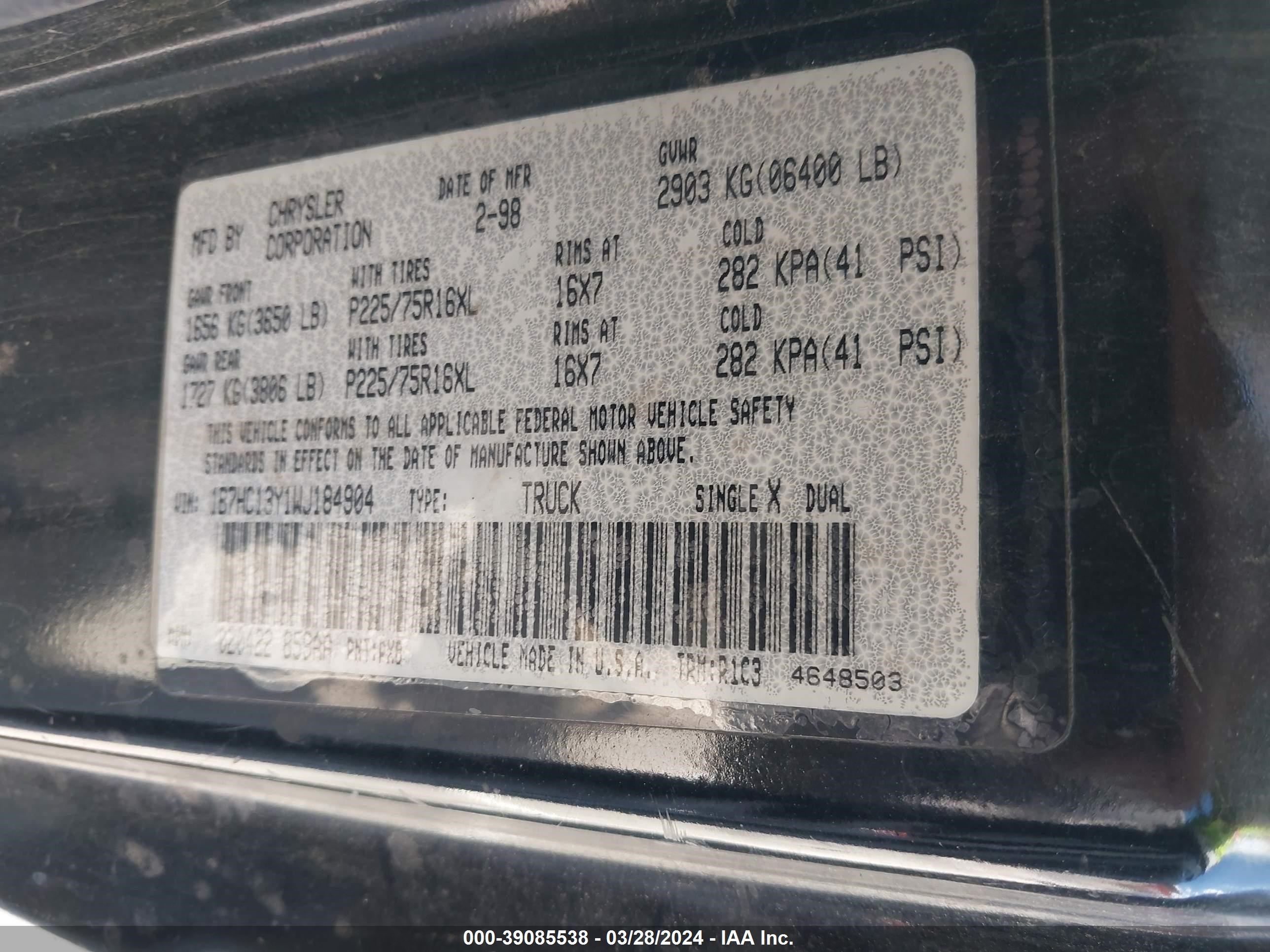 Photo 8 VIN: 1B7HC13Y1WJ184904 - DODGE RAM 