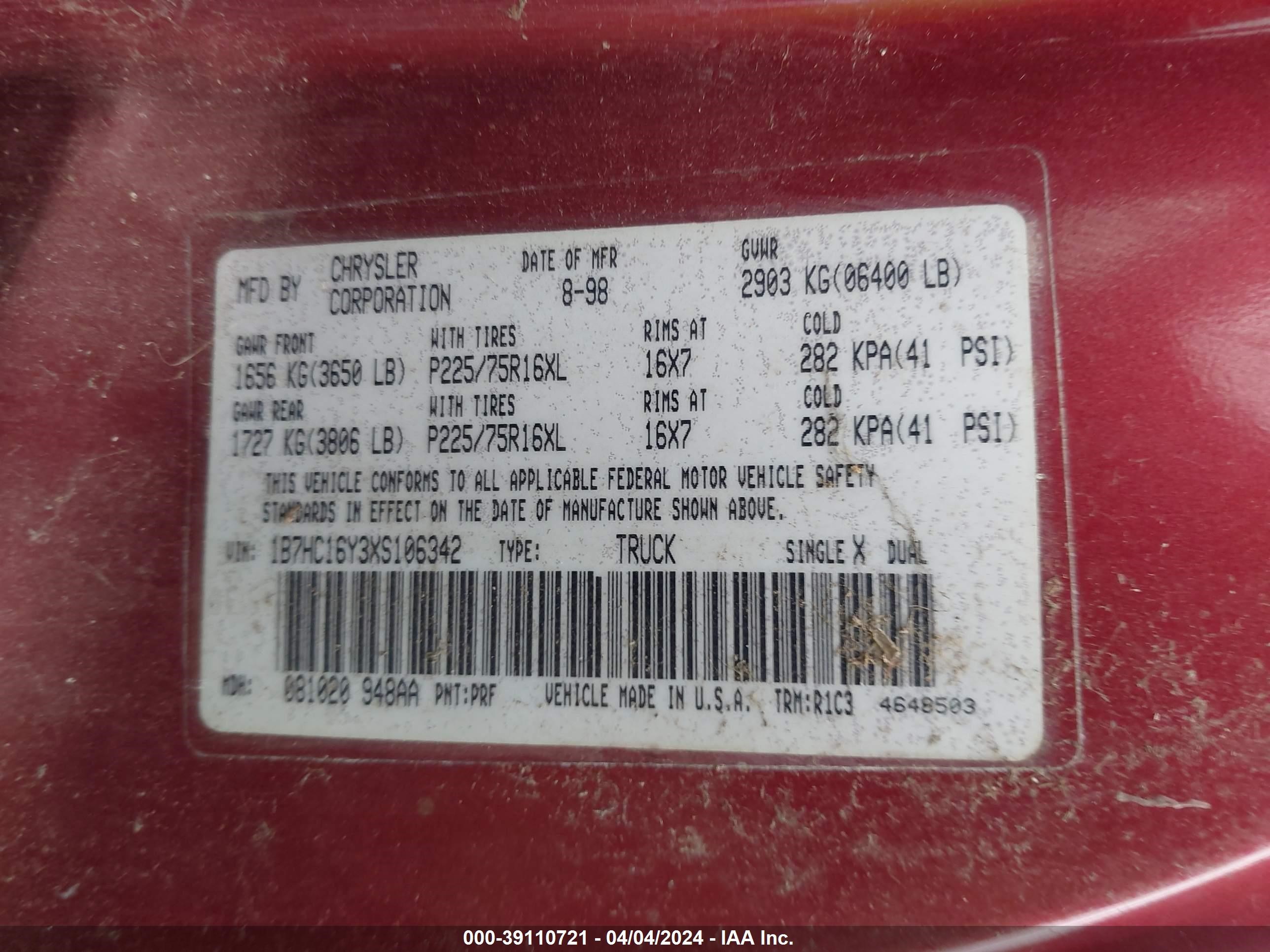 Photo 8 VIN: 1B7HC16Y3XS106342 - DODGE RAM 