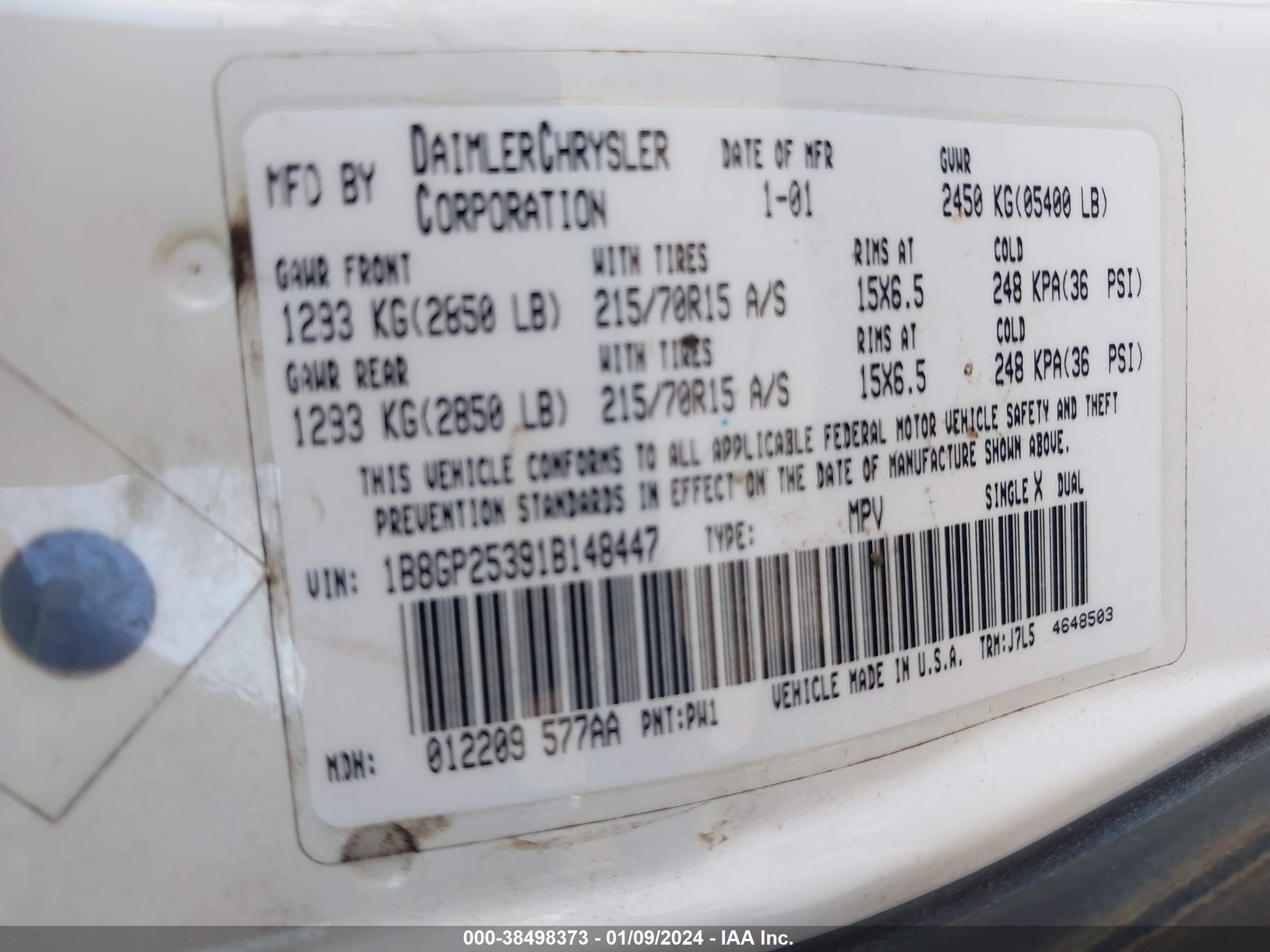 Photo 8 VIN: 1B8GP25391B148447 - DODGE CARAVAN 