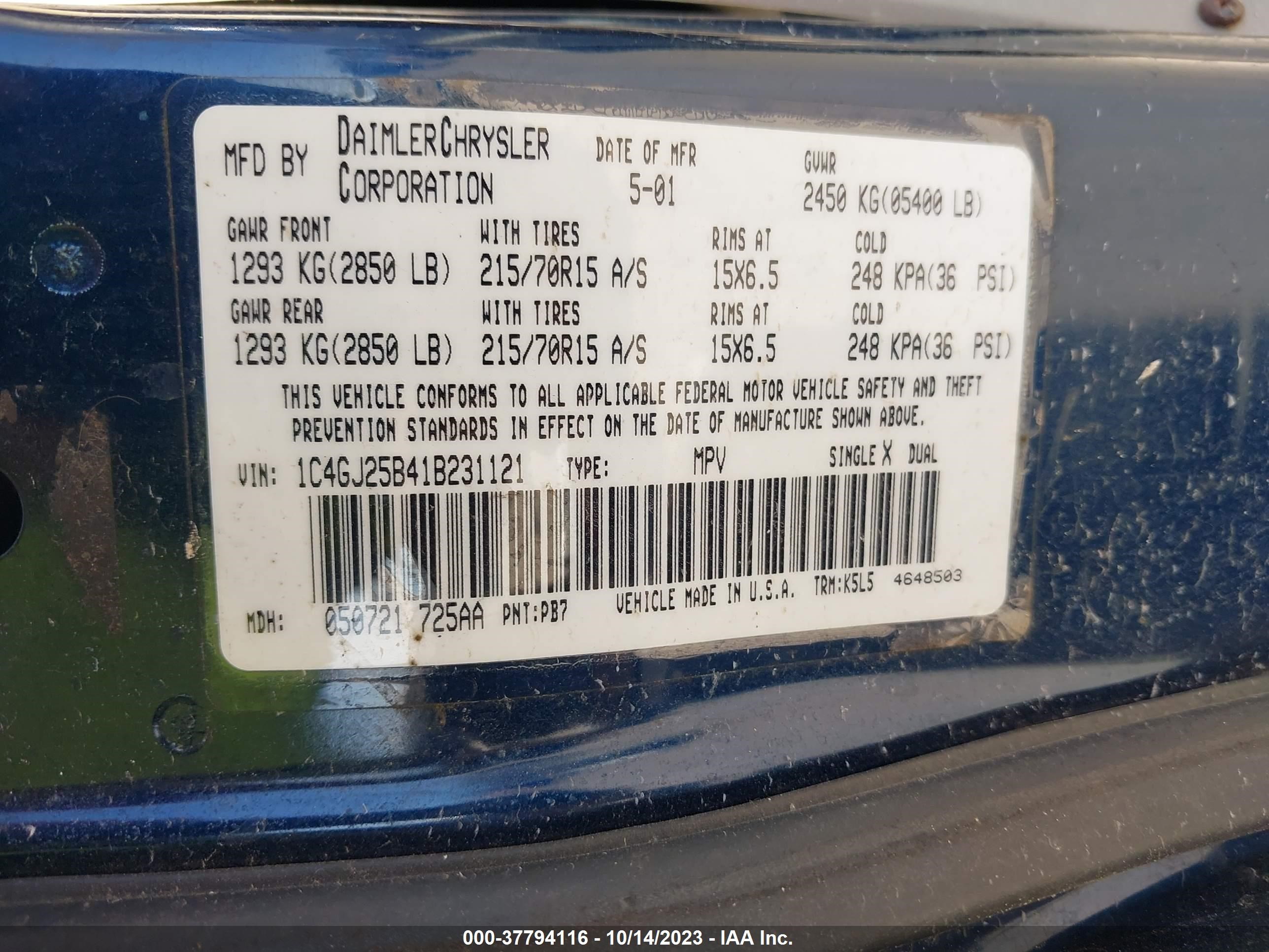 Photo 8 VIN: 1C4GJ25B41B231121 - CHRYSLER VOYAGER 