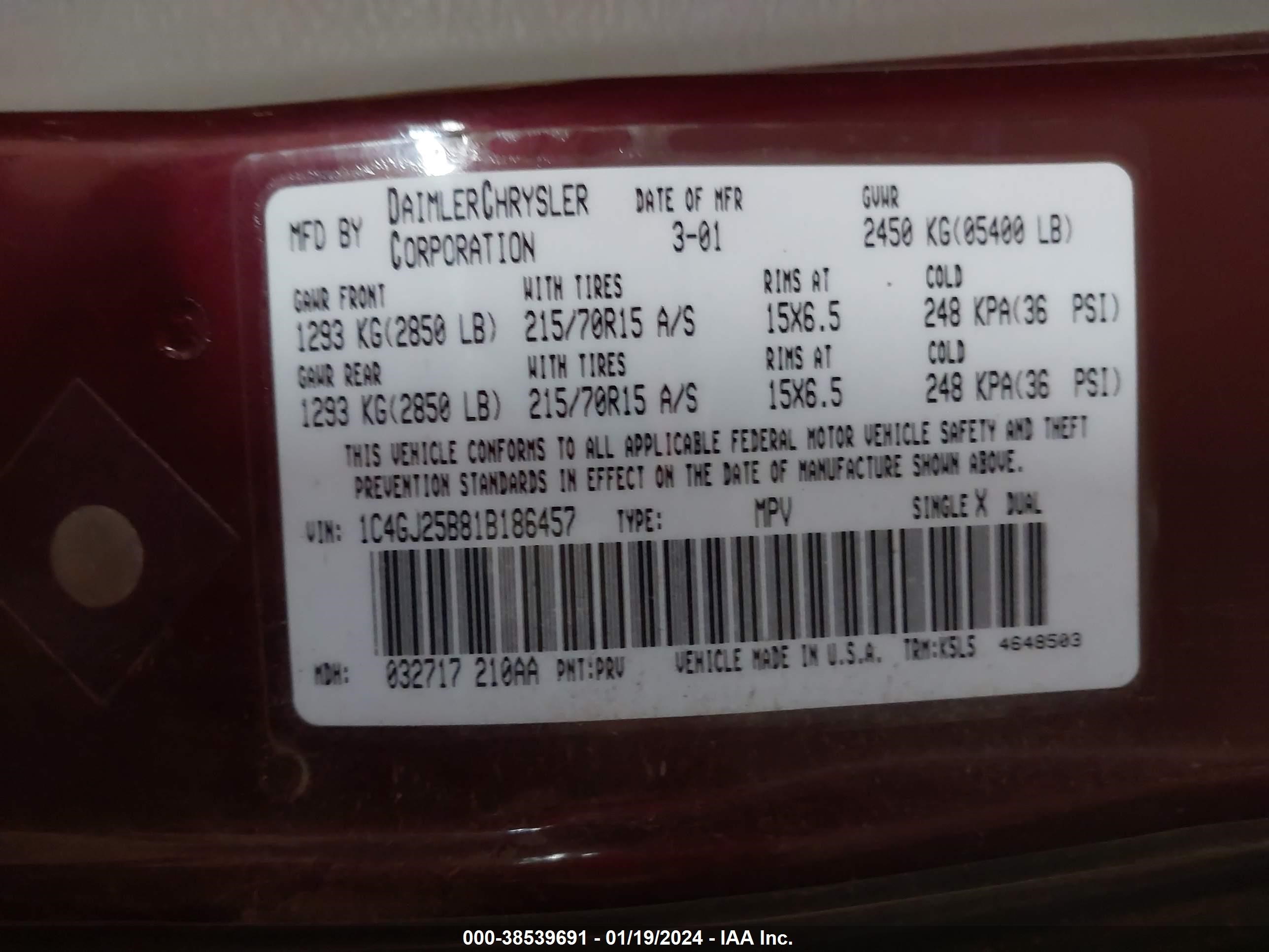 Photo 8 VIN: 1C4GJ25B81B186457 - CHRYSLER VOYAGER 