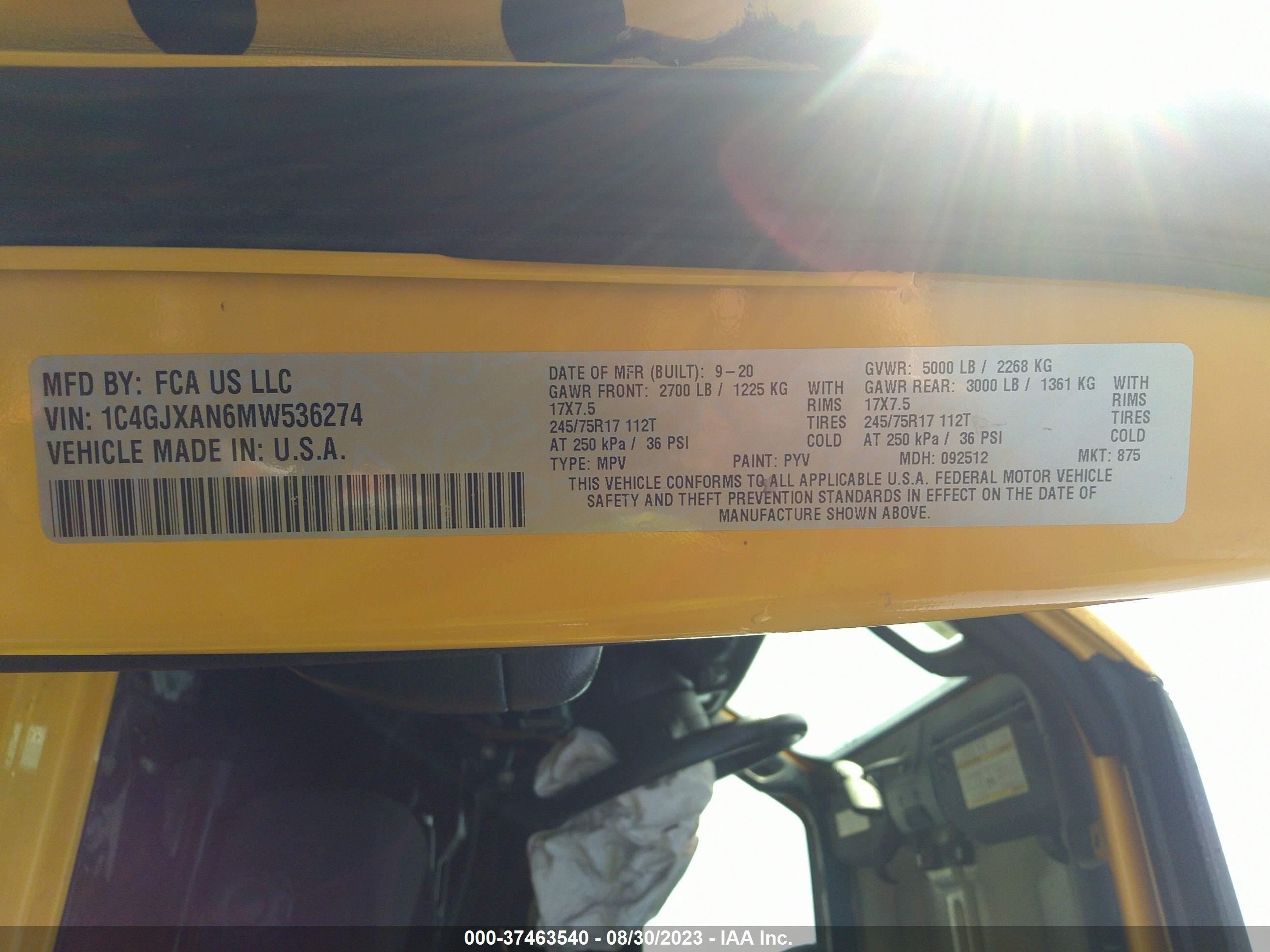 Photo 8 VIN: 1C4GJXAN6MW536274 - JEEP WRANGLER 