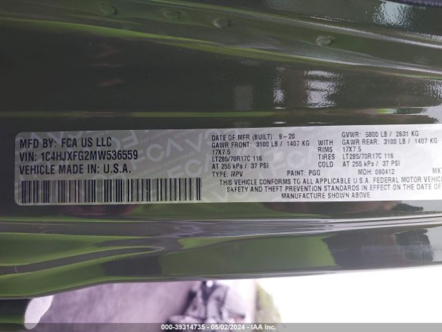 Photo 8 VIN: 1C4HJXFG2MW536559 - JEEP WRANGLER UNLIMITED 