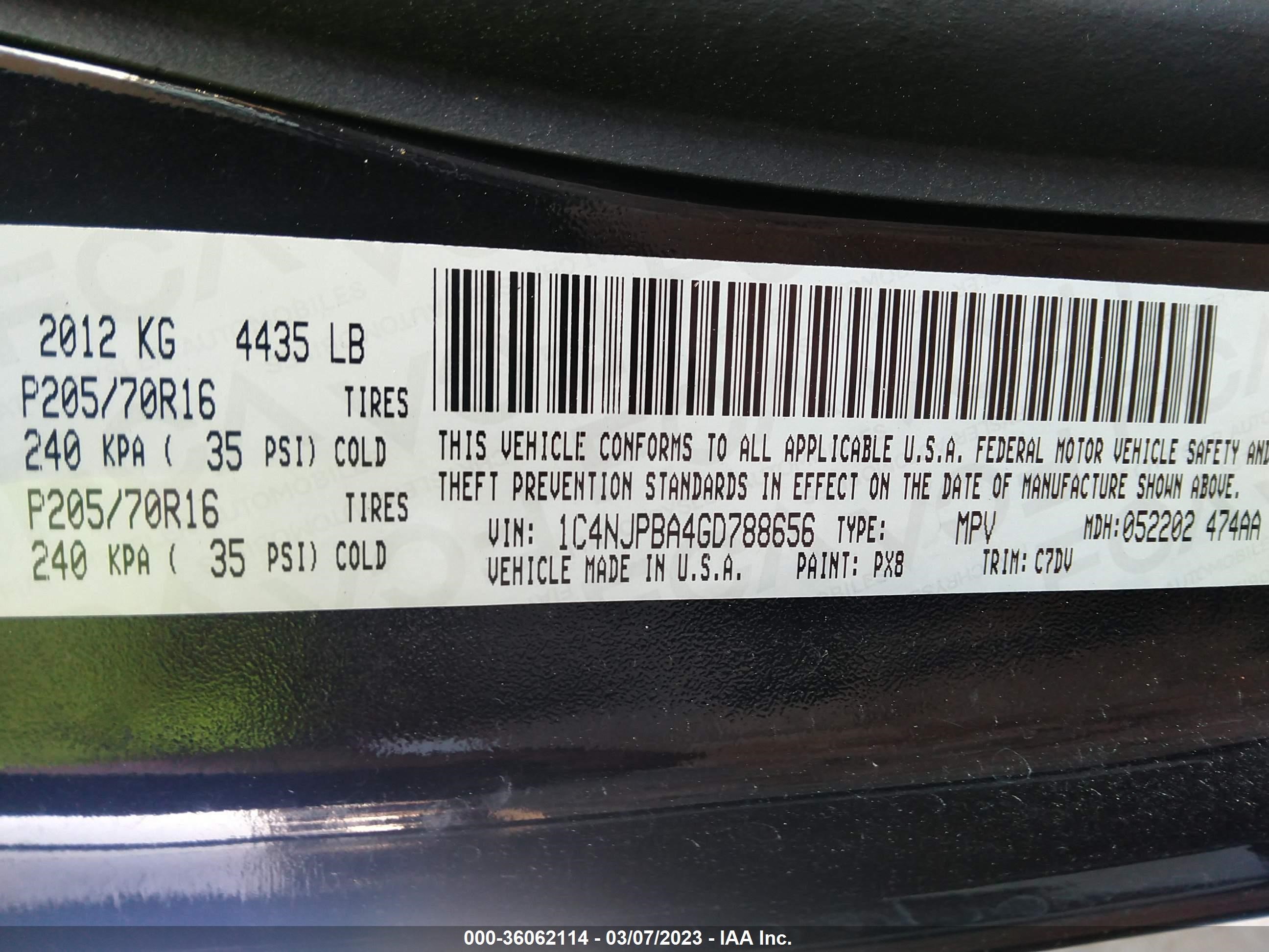 Photo 8 VIN: 1C4NJPBA4GD788656 - JEEP LIBERTY (PATRIOT) 