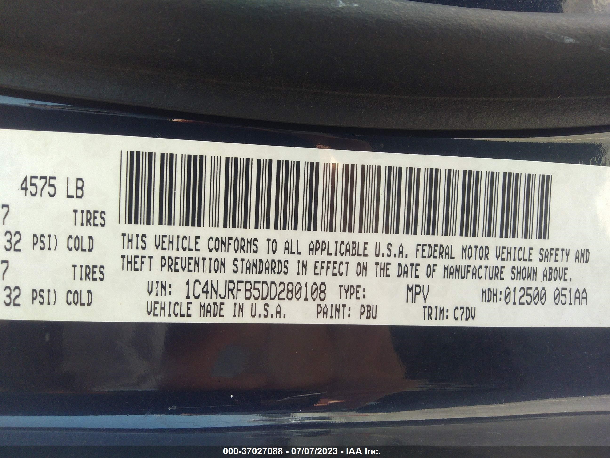 Photo 8 VIN: 1C4NJRFB5DD280108 - JEEP LIBERTY (PATRIOT) 