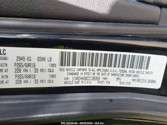 Photo 8 VIN: 1C4RDHAG8CC138393 - DODGE DURANGO 