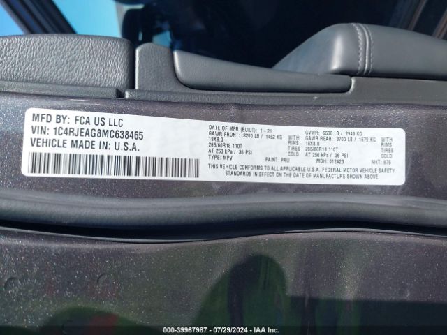 Photo 8 VIN: 1C4RJEAG8MC638465 - JEEP GRAND CHER 