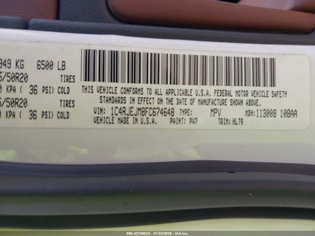 Photo 8 VIN: 1C4RJEJM8FC674648 - JEEP GRAND CHEROKEE 
