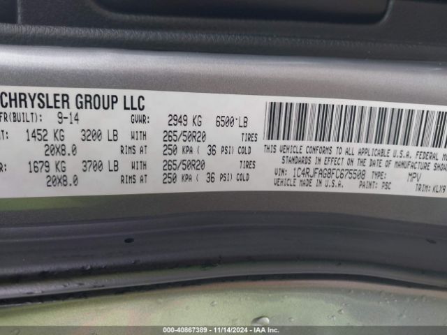 Photo 8 VIN: 1C4RJFAG8FC675508 - JEEP GRAND CHEROKEE 