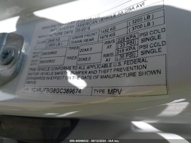 Photo 8 VIN: 1C4RJFBG8GC389674 - JEEP GRAND CHEROKEE 