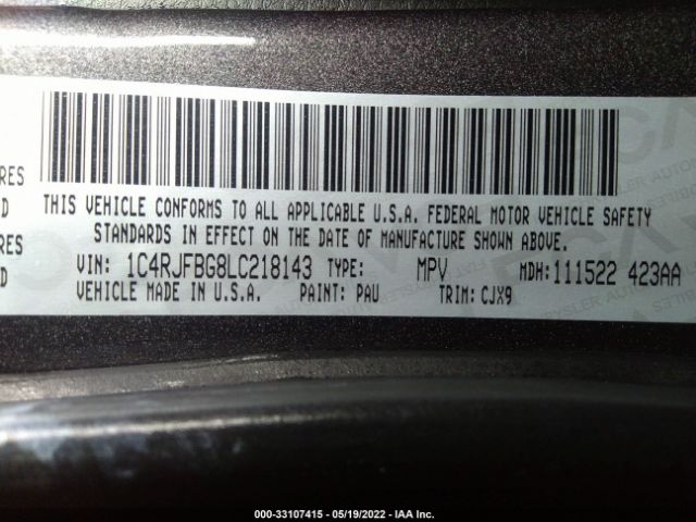 Photo 8 VIN: 1C4RJFBG8LC218143 - JEEP GRAND CHEROKEE 