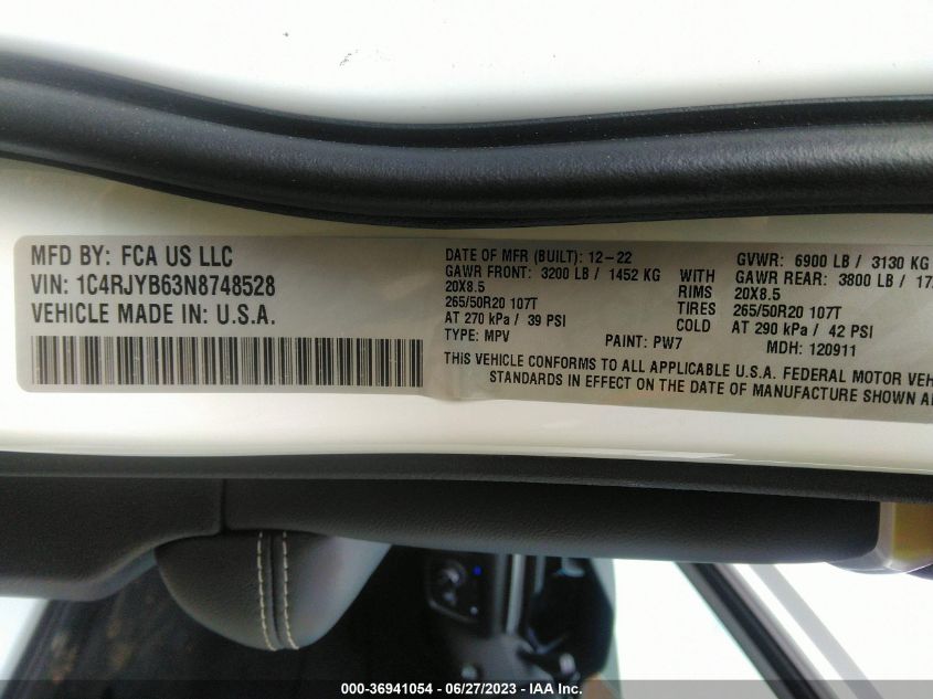 Photo 8 VIN: 1C4RJYB63N8748528 - TOYOTA COROLLA 