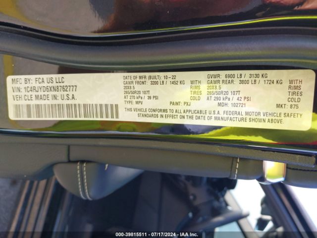 Photo 8 VIN: 1C4RJYD6XN8762777 - JEEP GRAND CHEROKEE 4XE 