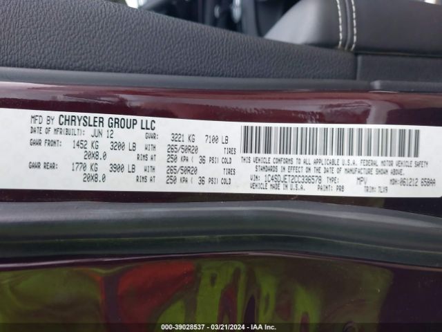 Photo 8 VIN: 1C4SDJET2CC336578 - DODGE DURANGO 