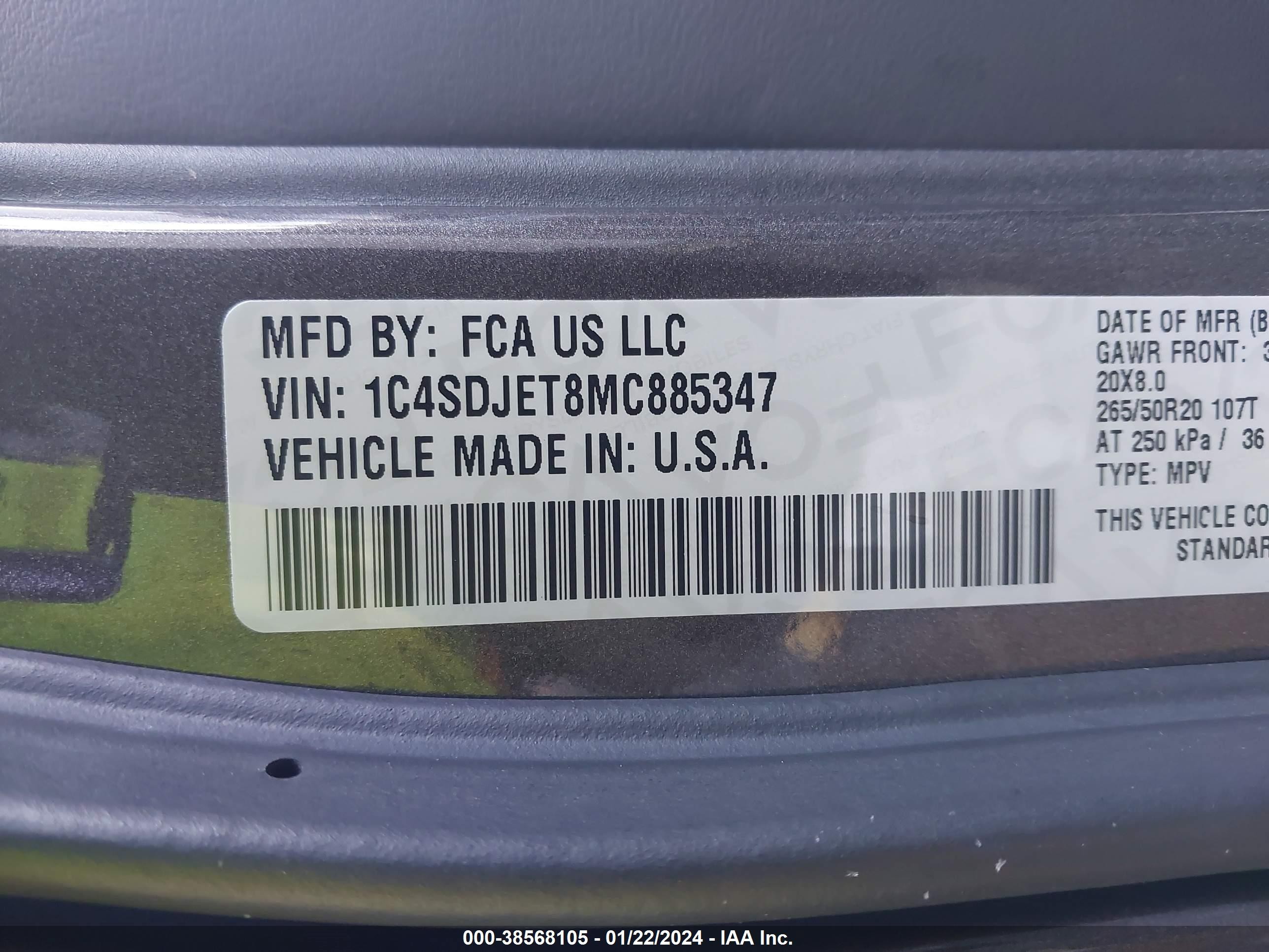 Photo 8 VIN: 1C4SDJET8MC885347 - DODGE DURANGO 