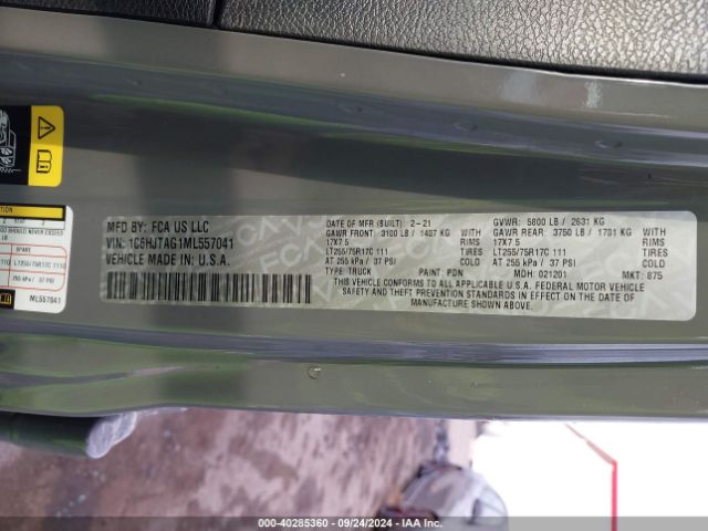 Photo 8 VIN: 1C6HJTAG1ML557041 - JEEP GLADIATOR 