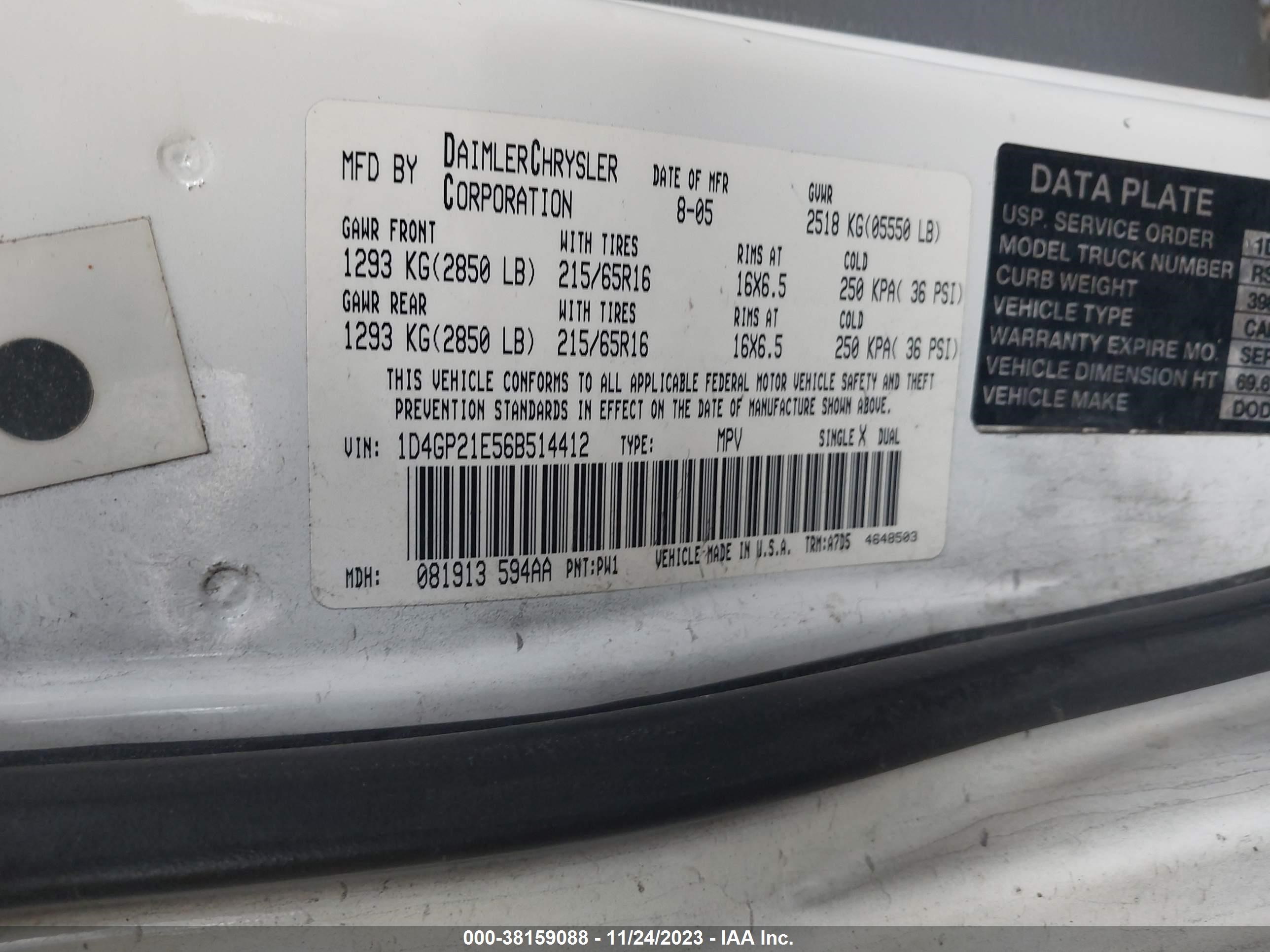 Photo 8 VIN: 1D4GP21E56B514412 - DODGE CARAVAN 