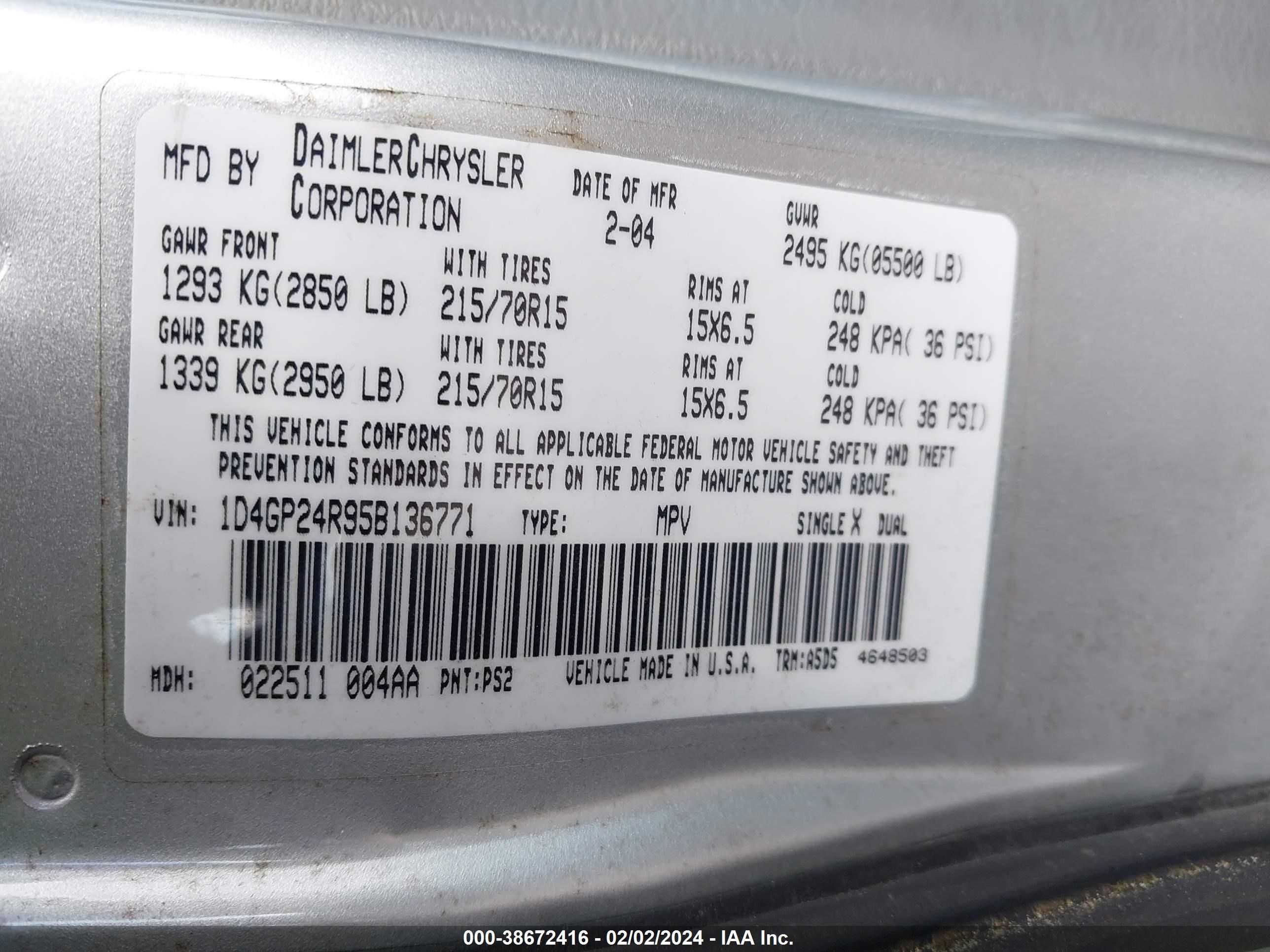 Photo 8 VIN: 1D4GP24R95B136771 - DODGE CARAVAN 