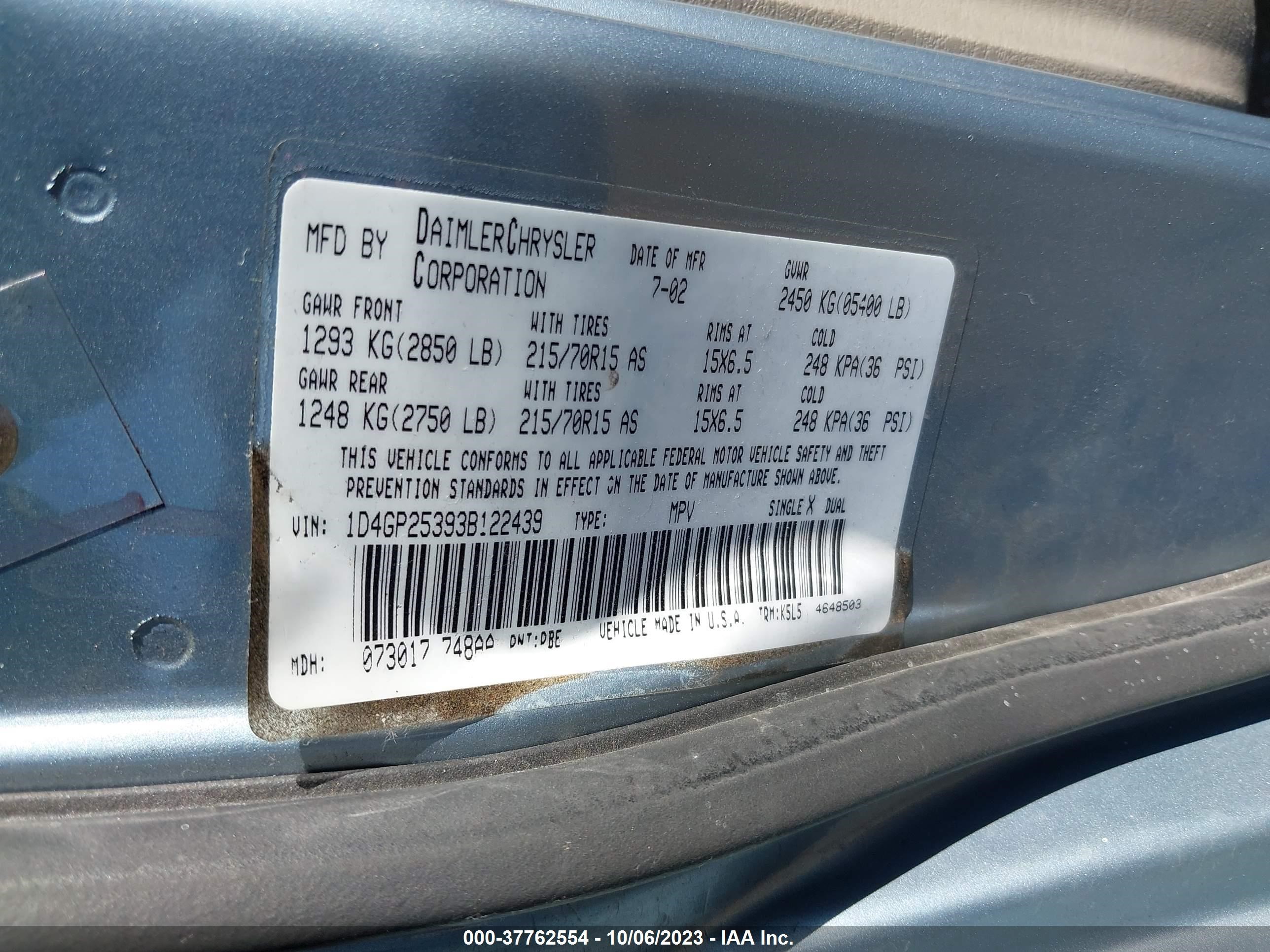 Photo 8 VIN: 1D4GP25393B122439 - DODGE CARAVAN 