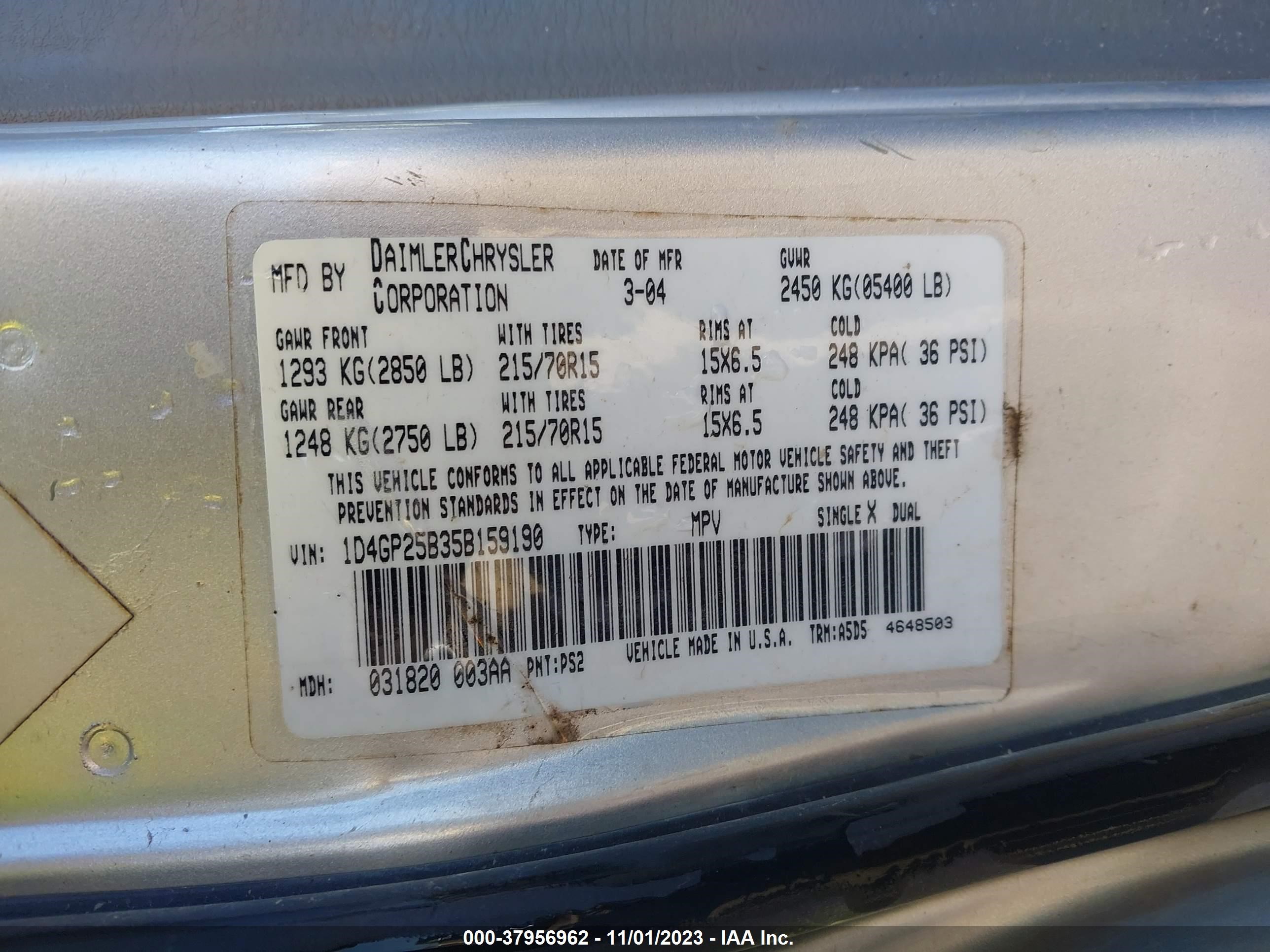 Photo 8 VIN: 1D4GP25B35B159190 - DODGE CARAVAN 