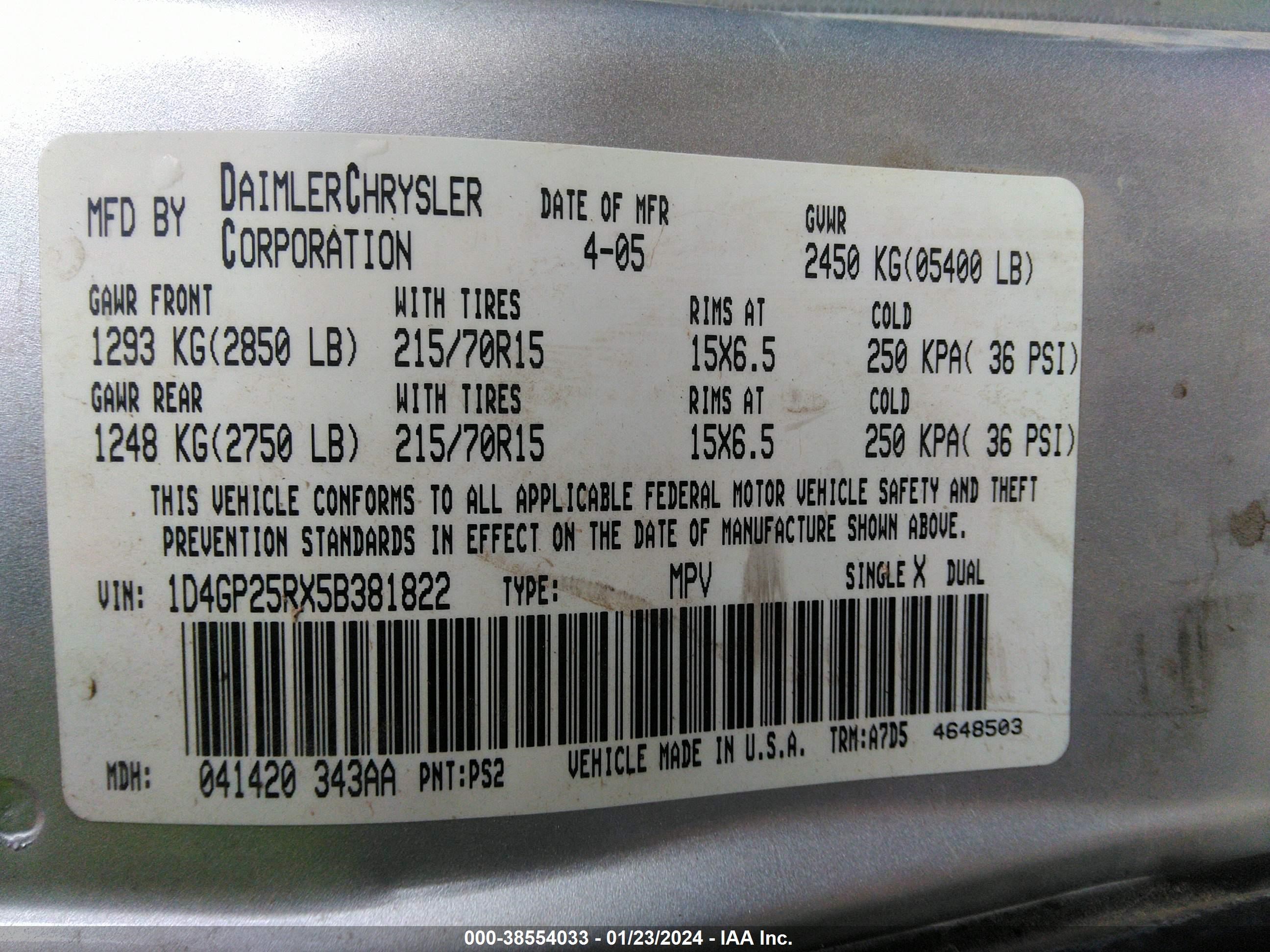 Photo 8 VIN: 1D4GP25RX5B381822 - DODGE CARAVAN 