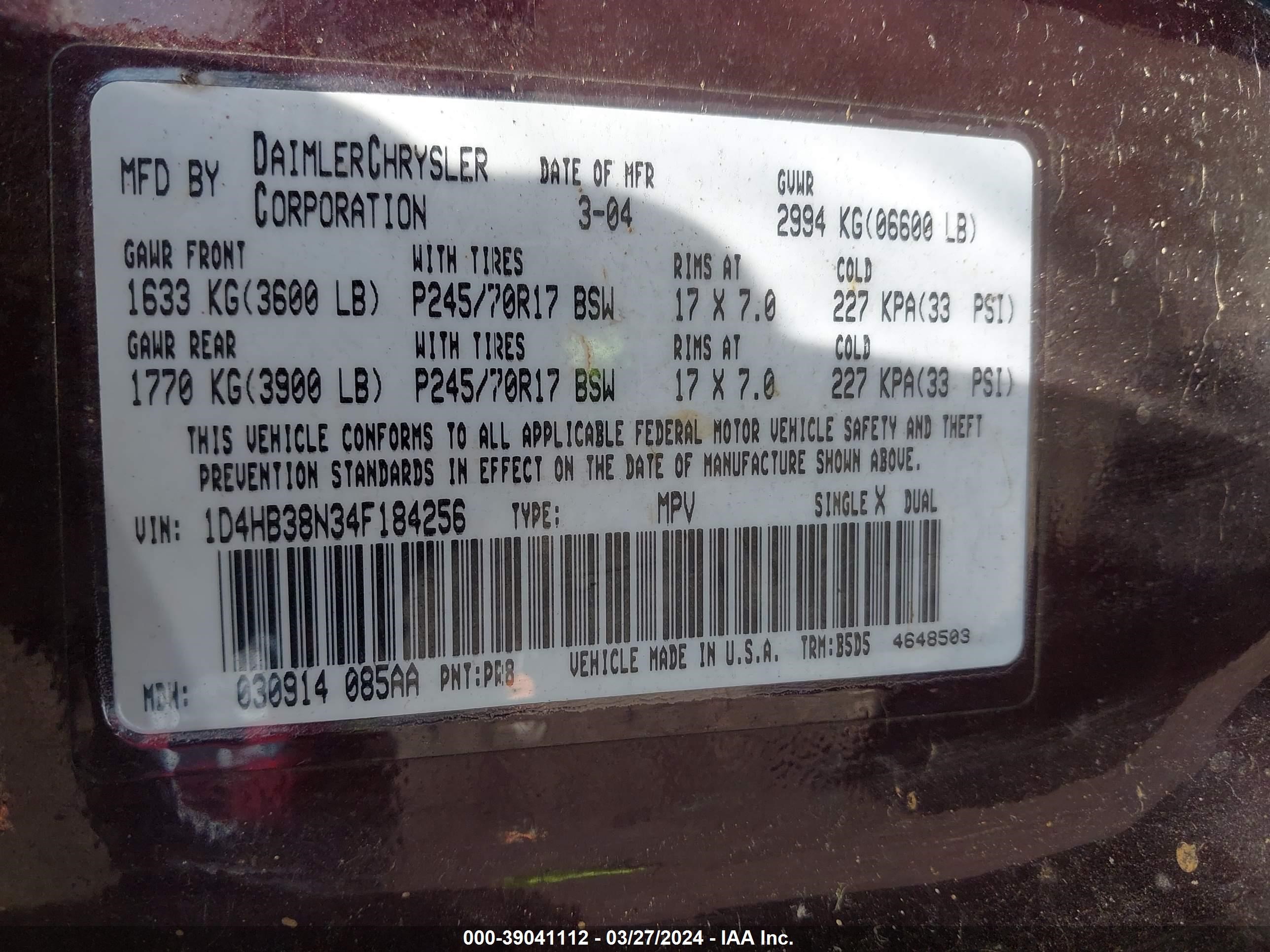 Photo 8 VIN: 1D4HB38N34F184256 - DODGE DURANGO 