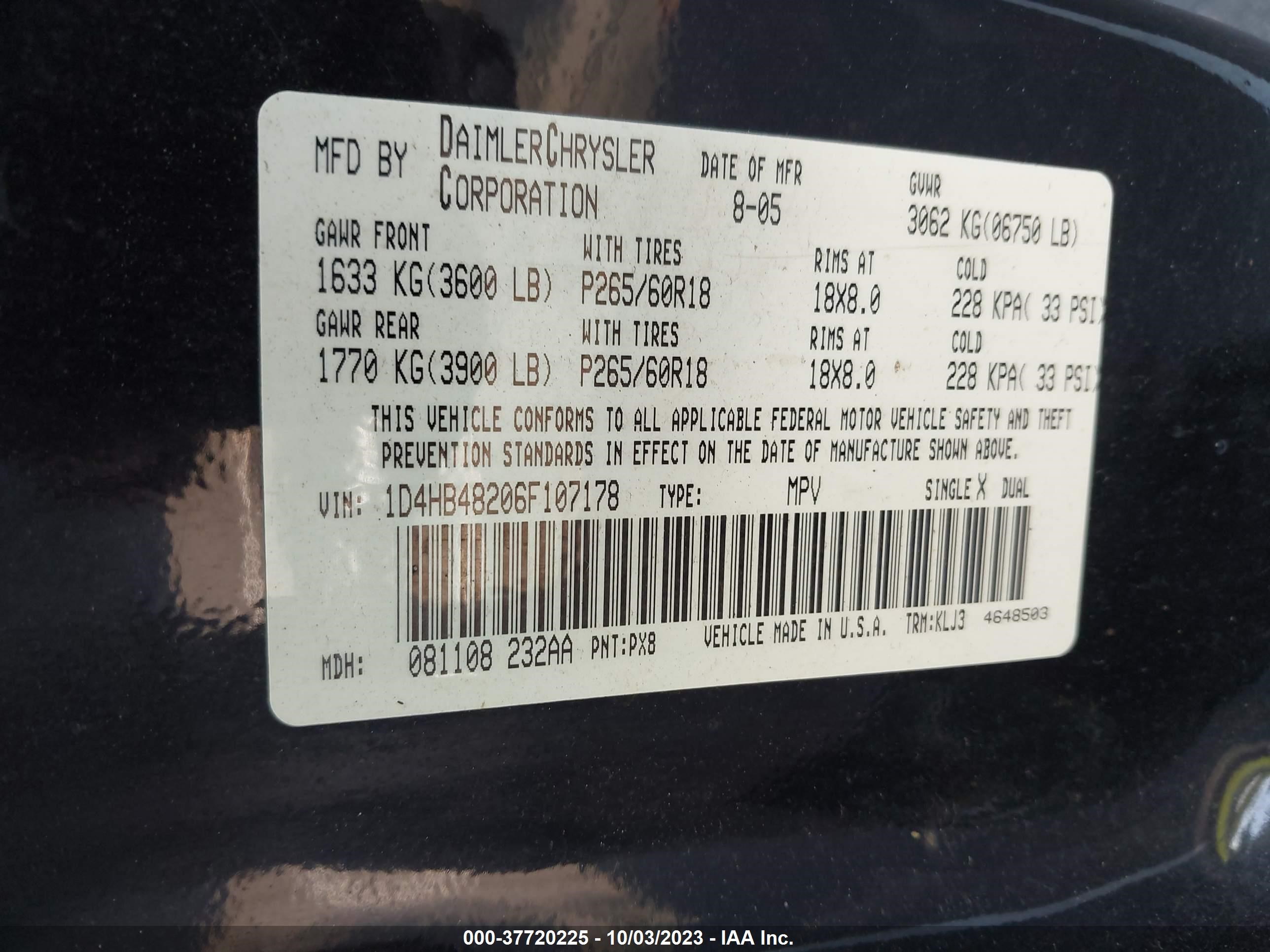 Photo 8 VIN: 1D4HB48206F107178 - DODGE DURANGO 