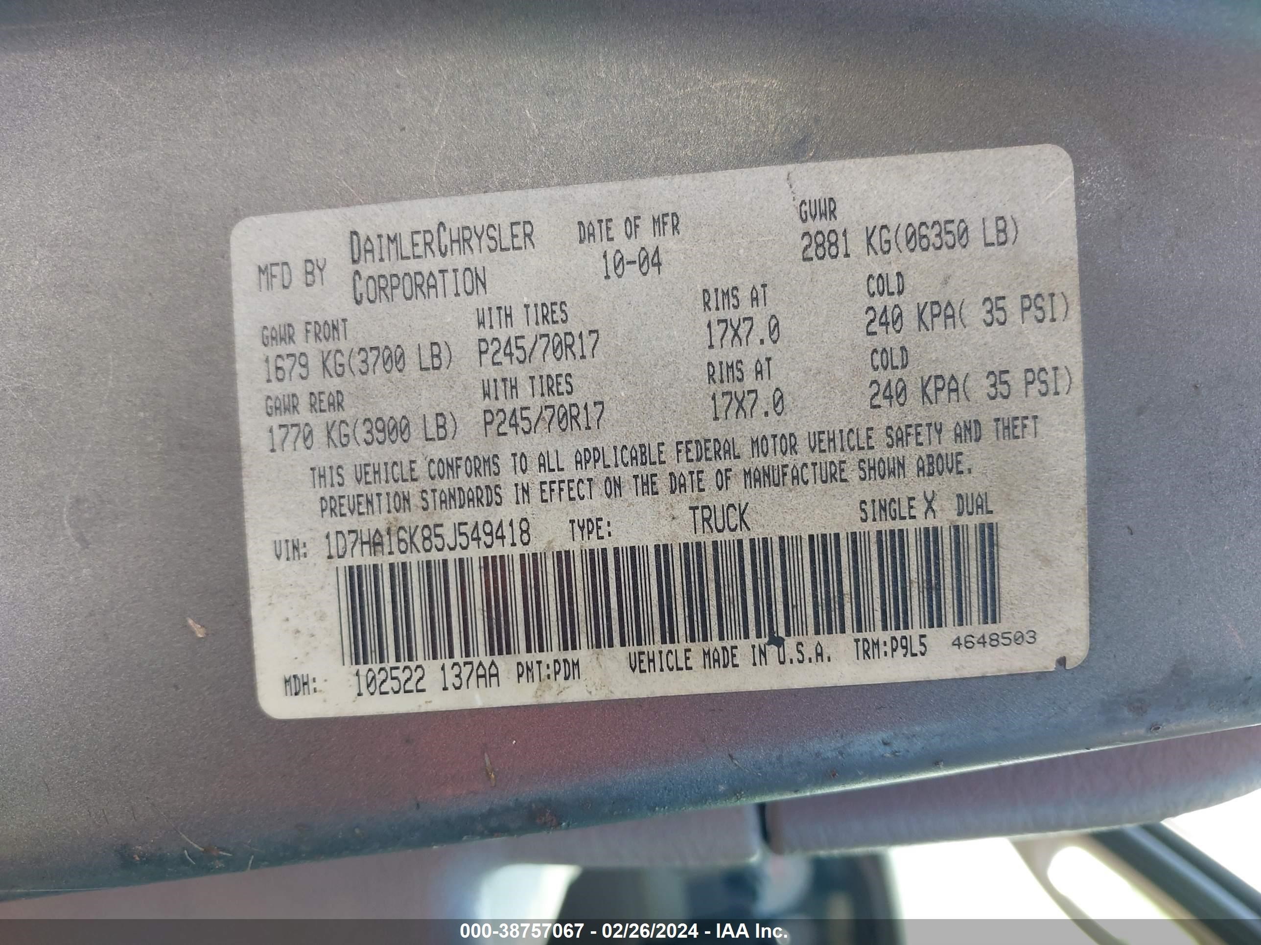 Photo 8 VIN: 1D7HA16K85J549418 - DODGE RAM 